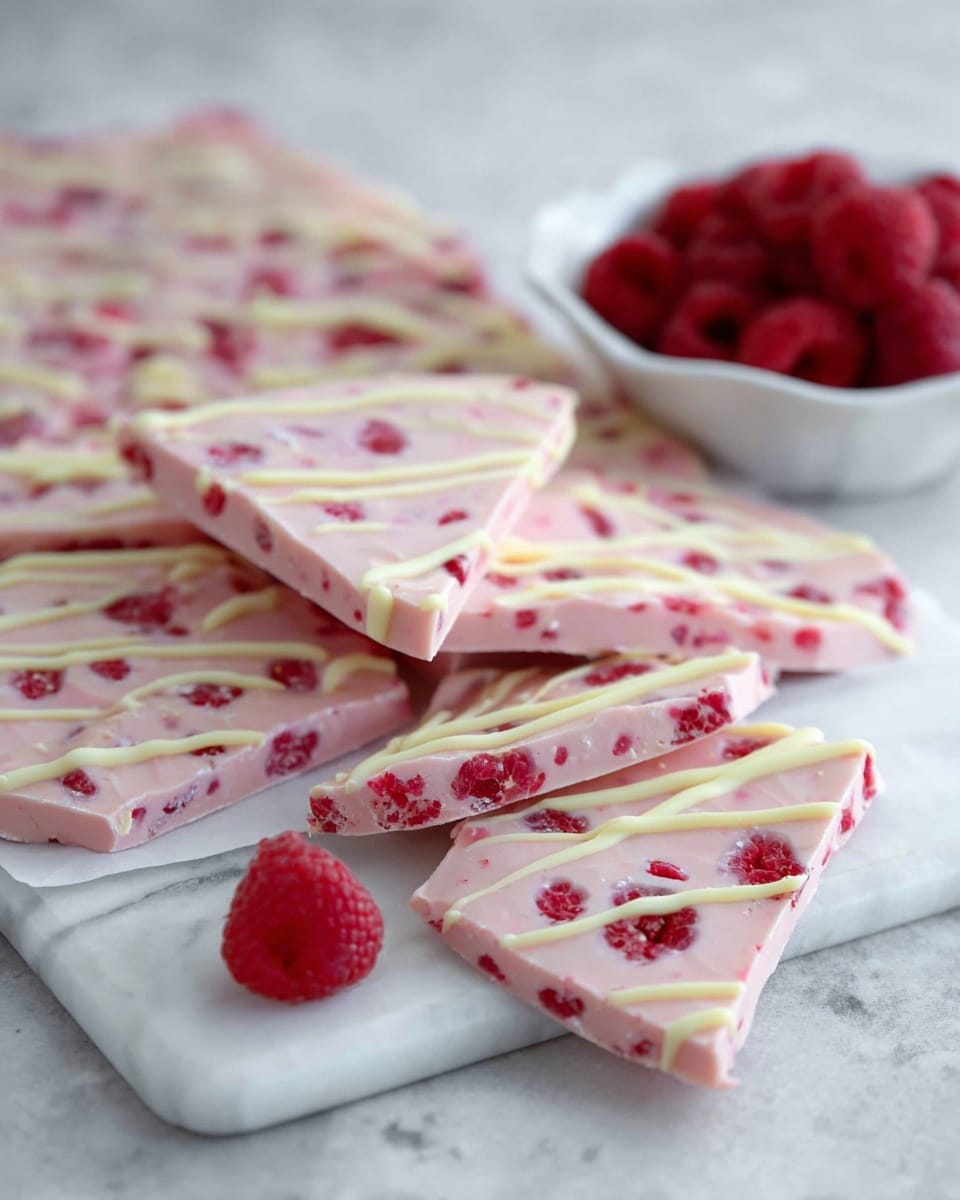 A large flat piece of frozen pink yogurt bark with scattered small red raspberries mixed inside, cut into irregular triangular slices. The top is decorated with thin uneven lines of creamy white chocolate drizzled across the surface. In the front right, one triangle slice is placed at a slight angle, showing thickness and texture, beside a single fresh raspberry. The setup is on a white marbled surface with a small white bowl full of fresh raspberries blurred in the background. Photo taken with an iphone --ar 4:5 --v 7