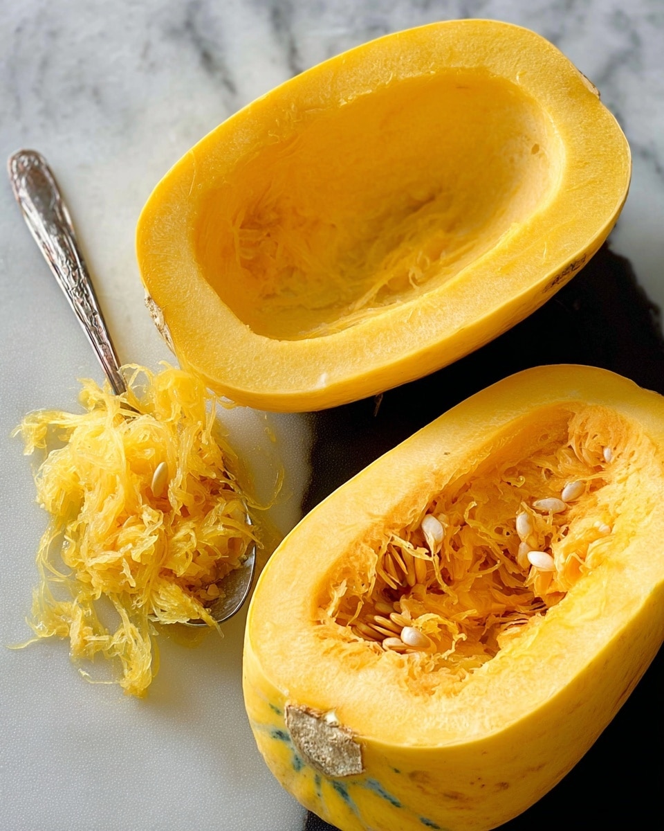 A large yellow spaghetti squash is cut into two halves placed on a white marbled surface. One half shows a hollowed-out center with a smooth, pale yellow inner layer while the other half still contains fibrous orange-yellow strands and white seeds scattered inside. Next to the hollow half, a spoon is lifting out some fibrous strands and seeds, creating a small pile of stringy, textured squash pulp with light and dark yellow shades. The outer skin of both halves is thick and yellow with subtle green near the base. The photo taken with an iphone --ar 4:5 --v 7