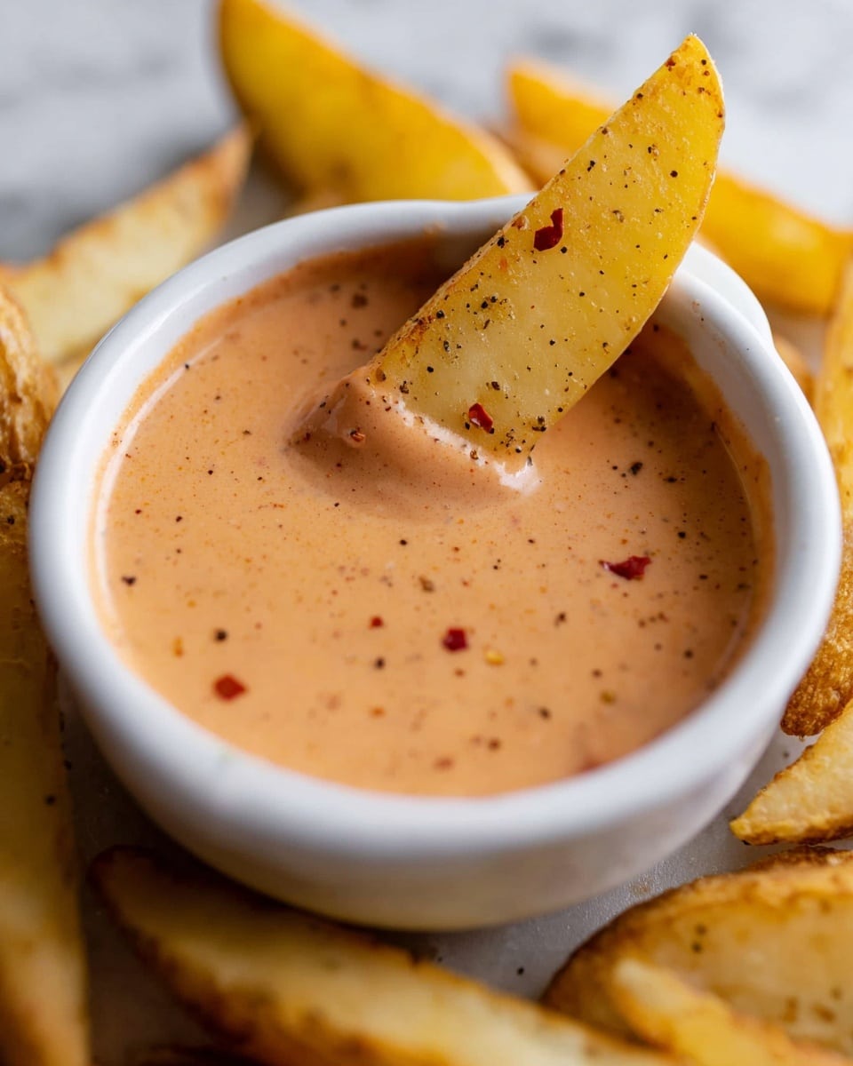 A close-up image shows a white bowl filled with a smooth, light orange sauce with tiny red and black specks. A potato wedge, light yellow with black pepper dots, is dipped halfway into the sauce, showing the creamy texture clinging to the wedge. Around the bowl, more potato wedges with a similar light yellow color and black pepper seasoning are arranged on a white marbled surface. The scene focuses tightly on the bowl and the dipped wedge. photo taken with an iphone --ar 4:5 --v 7