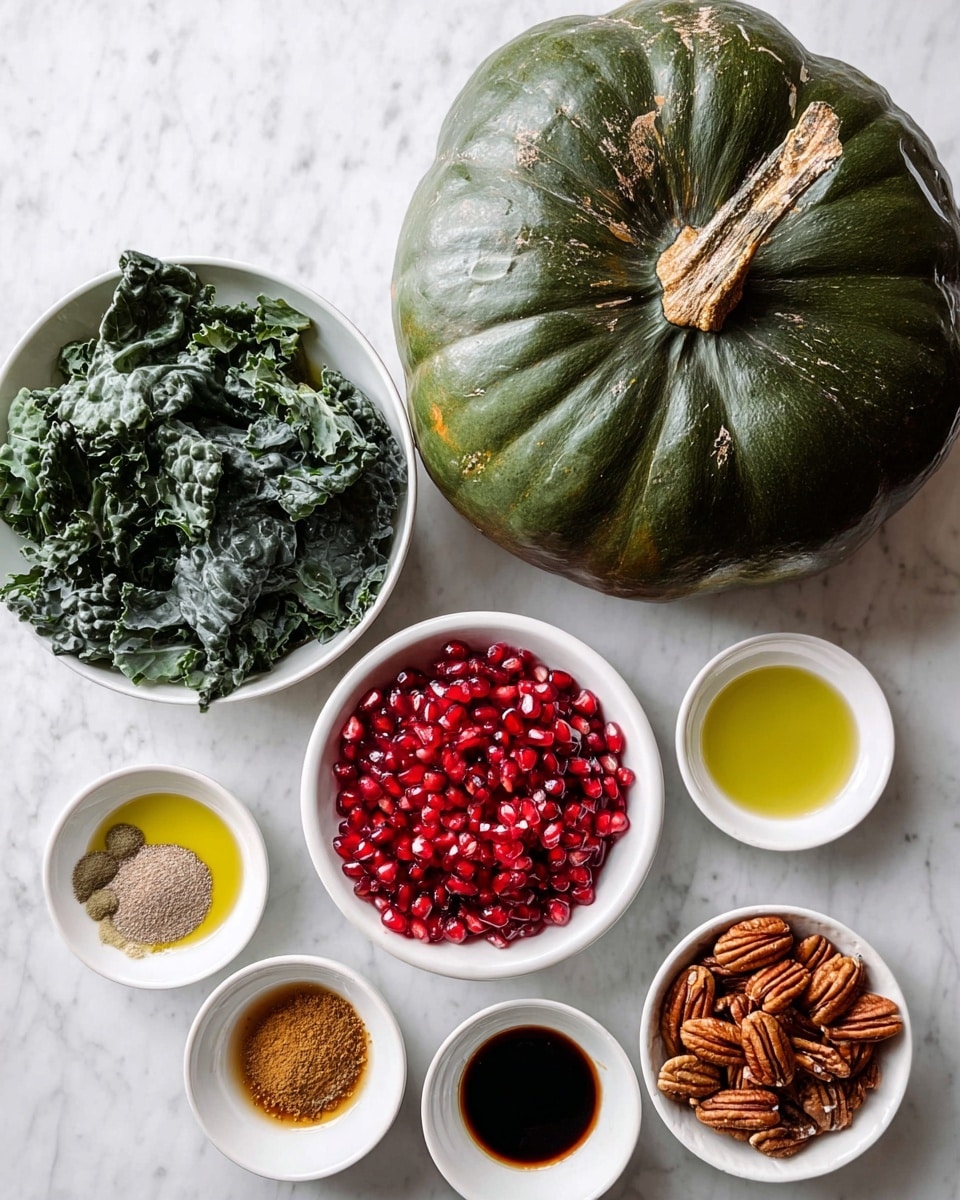 A large green pumpkin with a rough stem sits at the top right on a white marbled surface. Below and beside it, there are several white bowls placed neatly: one large bowl full of dark green leafy kale at the bottom left, a medium bowl filled with bright red pomegranate seeds to the right of the pumpkin, and another medium bowl of brown pecan nuts right below the pomegranate. Smaller white dishes contain light brown mustard, a mix of brown cinnamon and white salt, and clear light yellow and dark brown liquids. The bowls and dishes are arranged cleanly on the white marbled background. Photo taken with an iphone --ar 4:5 --v 7