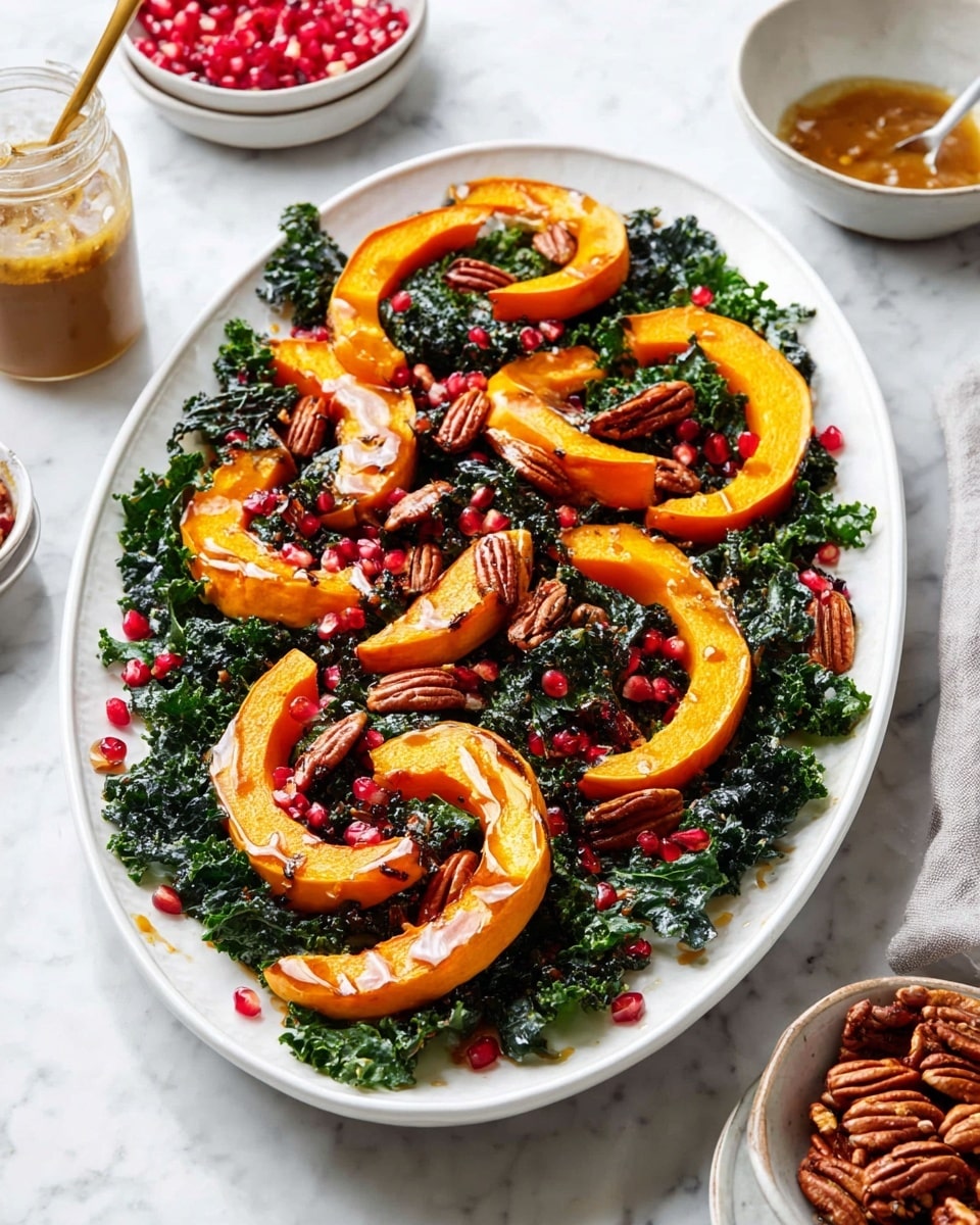 A white oval plate sits on a white marbled surface, holding a colorful salad with three main layers. The bottom layer is dark green kale leaves, crinkled and fresh. On top of the kale, there are thick, bright orange roasted pumpkin slices placed evenly around the plate, slightly curved. Scattered all over the salad are shiny red pomegranate seeds and brown pecan nuts, adding a pop of color and texture. Light brown dressing is drizzled over the pumpkin and some kale, creating a glossy look. Around the plate, there are bowls and a jar with more pecans, pomegranate seeds, and dressing visible. Photo taken with an iphone --ar 4:5 --v 7