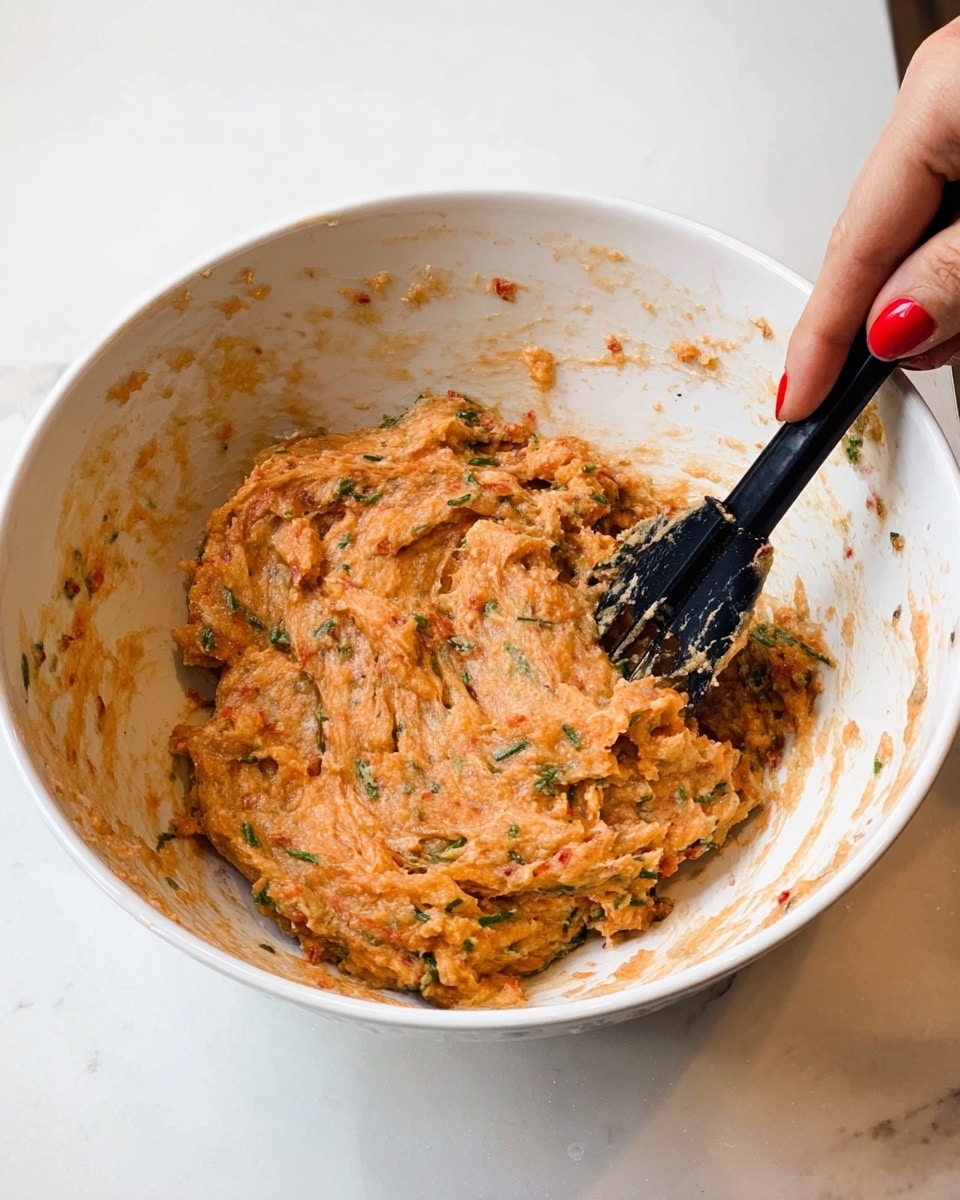 In a white bowl with subtle speckled texture, there are four main layers of ingredients. The bottom layer is light pink raw ground meat with a soft, smooth texture. On top of the meat, there are scattered chopped green herbs, adding a fresh bright layer. Next to the herbs is a rough white layer of chopped onions. Beside the onion is a small pile of bright red tomato paste or sauce, slightly glossy. A black spatula is partially inserted into the mix, held by a woman's hand with red nail polish. The bowl is placed on a white marbled surface. photo taken with an iphone --ar 4:5 --v 7