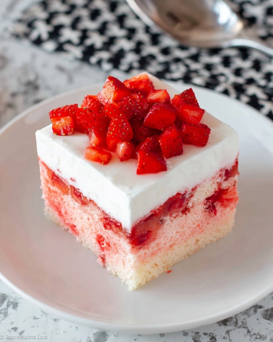 A square piece of cake sits on a white plate over a white marbled surface, showing three layers: a light pink cake layer at the bottom with red fruit mixed in, a smooth white creamy layer above it, and a topping of small diced red strawberries on top. The top creamy layer is thick and even, covering the whole cake piece, while the diced strawberries add a fresh bright red burst of color as a garnish in the center. In the background, a spoon rests on a black and white patterned cloth. photo taken with an iphone --ar 4:5 --v 7