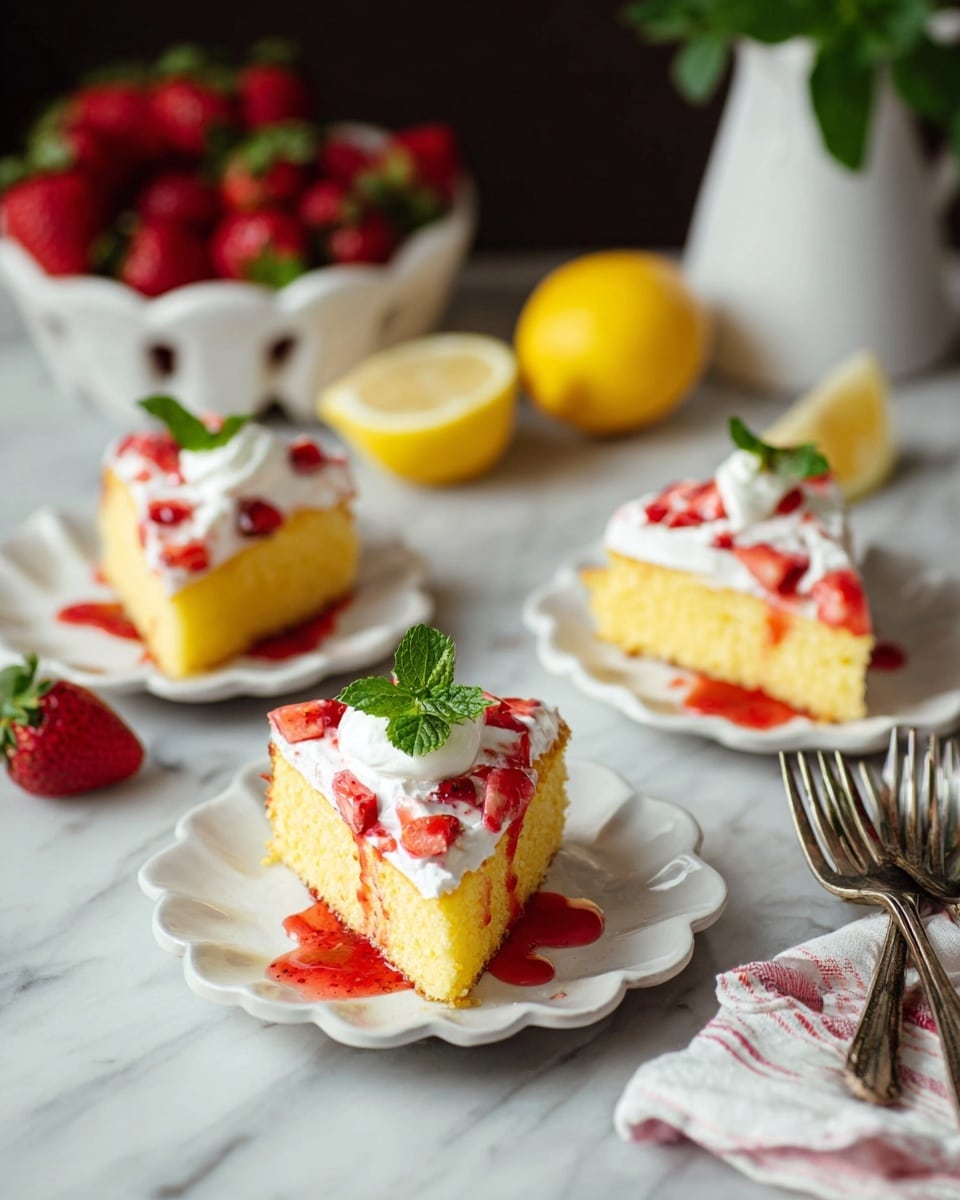 Three slices of yellow cake sit on white scalloped plates arranged diagonally from front to back on a white marbled surface. Each slice has a fluffy texture topped with a layer of white whipped cream, red strawberry pieces, and a drizzle of strawberry syrup. The front slice is garnished with a small green mint leaf on top. In the background, fresh whole strawberries in a white basket, a blurred yellow lemon, and a white pitcher with green leaves add color contrast. A yellow lemon wedge and a striped cloth with silver cutlery are placed on the right side of the surface. photo taken with an iphone --ar 4:5 --v 7