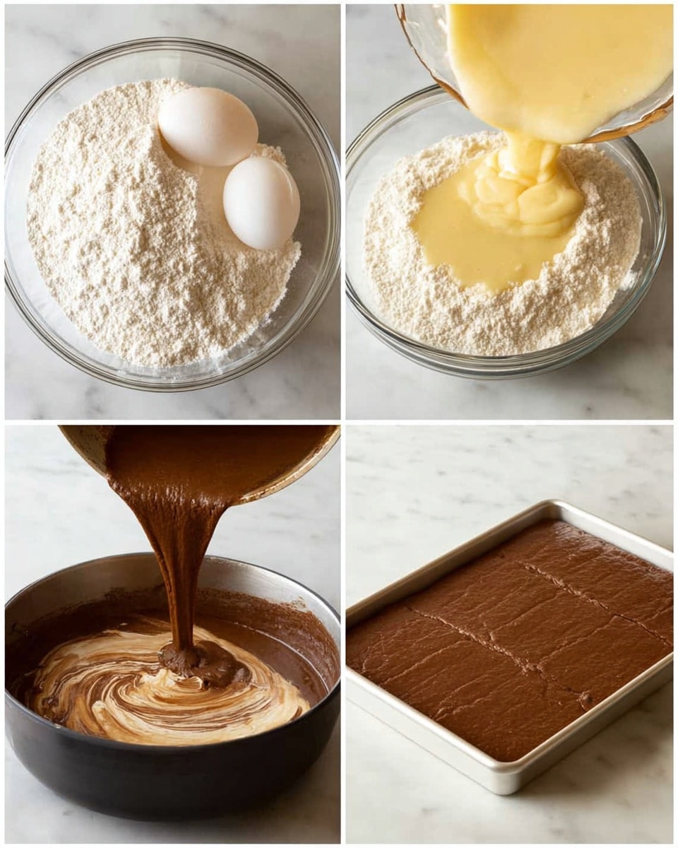 The image shows a four-step visual sequence. In the top left, two transparent glass bowls sit on a white marbled surface; one bowl contains white flour, and the smaller one holds two raw eggs, white thick cream, and other light ingredients. The top right shows a thick pale yellow batter being poured into the center of the flour bowl, creating a small pool on top of the white flour. In the bottom left, a darker chocolate-brown liquid is being poured from a black pot into a clear bowl containing the mixed pale batter, creating a swirling layered effect of light beige and rich brown. The last image, on the bottom right, displays a baking tray filled evenly with smooth chocolate batter, ready for baking, all set on the white marbled texture. photo taken with an iphone --ar 4:5 --v 7