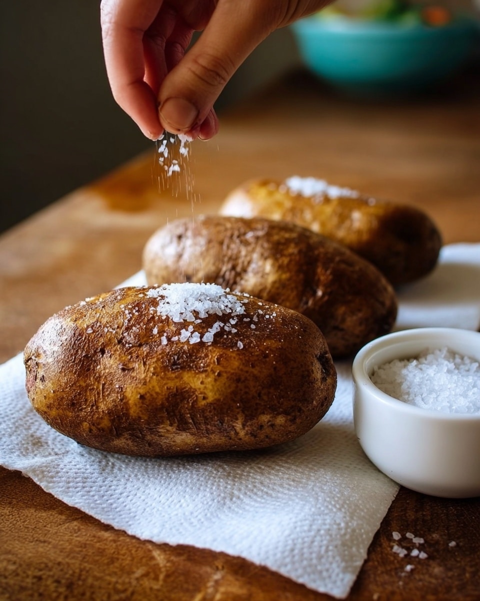The image shows three brown baked potatoes with slightly shiny, textured skins placed in a row on a white paper towel over a wooden surface. A woman's hand is sprinkling coarse salt onto the closest potato, making the salt crystals visible on its surface. To the right side, there is a white bowl filled with more coarse salt. The background is softly blurred to keep focus on the potatoes and the woman's hand. photo taken with an iphone --ar 4:5 --v 7
