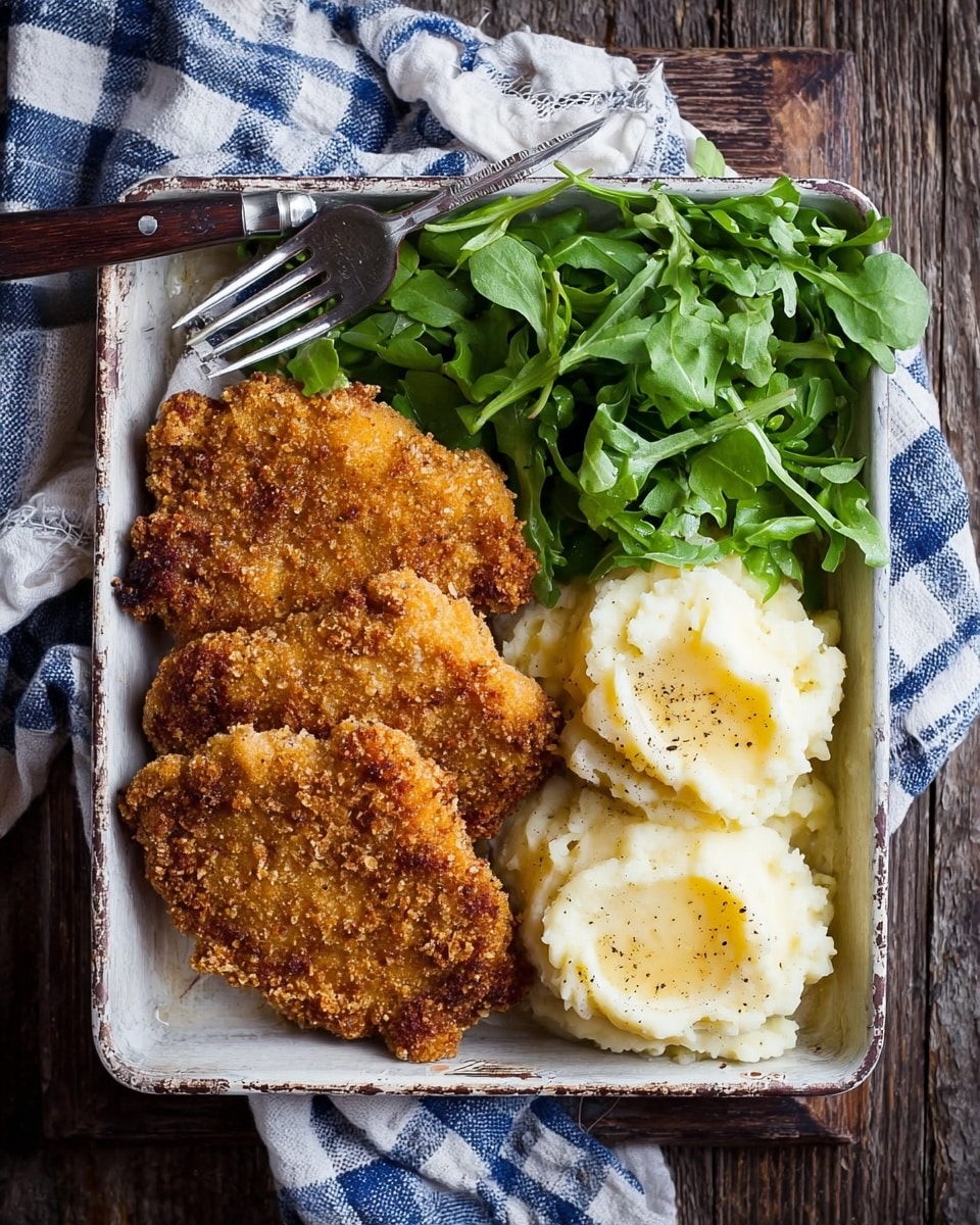 The image shows a white square metal tray holding a meal with three pieces of golden brown crispy fried meat layered in the center, with a rough textured crust. To the right, there are three scoops of creamy mashed potatoes with a small well of melted butter in the middle of each scoop, topped with a light sprinkle of pepper. On the left side, fresh green leafy salad greens add a bright contrast to the plate. A fork rests on the bottom left corner over a white cloth with blue checkered stripes. The tray is placed on a dark wooden surface. photo taken with an iphone --ar 4:5 --v 7