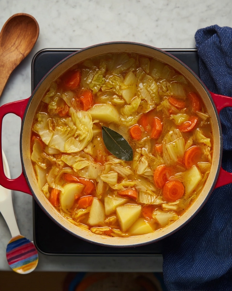 A round white pot with red handles sits on a stove, filled with a bubbling stew made of large chunky pieces of soft yellow cabbage and orange carrot slices mixed with pale yellow potato chunks, all simmering in a thin orange broth. A single dark green bay leaf rests in the center on top of the mix. The pot is surrounded by a white marbled surface, on which a colorful wooden spoon and a white spatula are placed next to a folded navy blue cloth. Photo taken with an iphone --ar 4:5 --v 7
