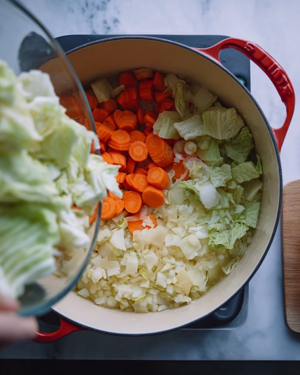 Inside a white pot with a red handle on a white marbled surface, there are three visible layers of chopped vegetables. The bottom layer is light-colored chopped onions that look soft. The middle layer has bright orange carrot pieces, round and firm. The top layer shows pale green cabbage leaves being poured in from a clear glass bowl held by a woman's hand. The overall image has a fresh and natural look, with a focus on the colorful vegetables in the pot photo taken with an iphone --ar 4:5 --v 7