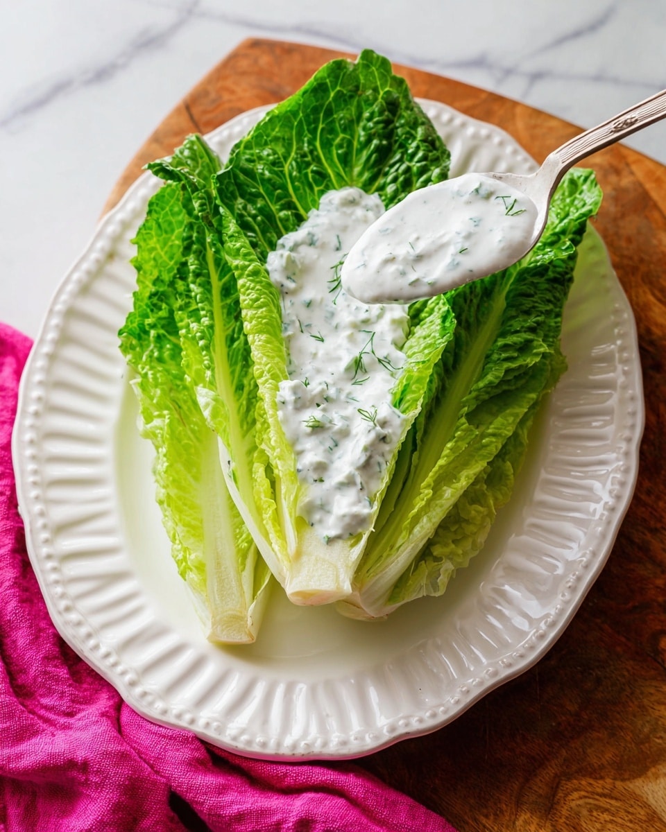 A fresh, green romaine lettuce heart sits in the middle of a white plate with decorative edges, split into two main layers with tightly packed, crisp leaves on the inside and larger, darker green leaves on the outside. On top of the lettuce, there is a generous spoonful of thick, white dressing with small green herb flecks, gently spreading over the leaves and slightly dripping to the side of the plate. The spoon, held above the lettuce, shows the creamy texture of the dressing. The plate is placed on a warm brown wooden surface with a bright pink cloth partially visible at the bottom left corner, and the entire scene is set against a white marbled texture background. photo taken with an iphone --ar 4:5 --v 7