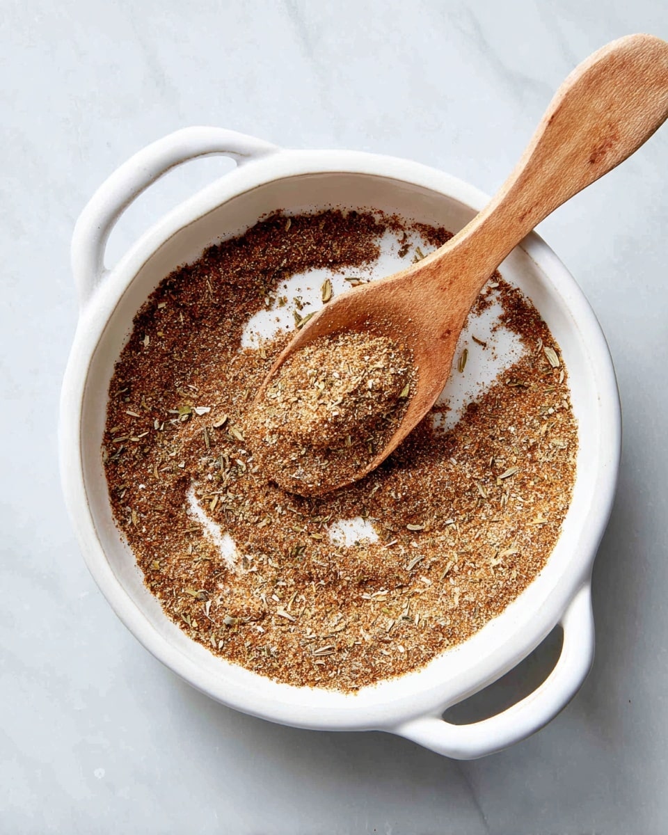 A white ceramic bowl with two handles is filled with a layer of fine, brown spice mix with specks of green and beige herbs spread thinly in the bottom and around a wooden spoon resting on top. The spoon holds a small heap of the same spice mix, showing a coarse texture. The whole scene sits on a white marbled surface. photo taken with an iphone --ar 4:5 --v 7