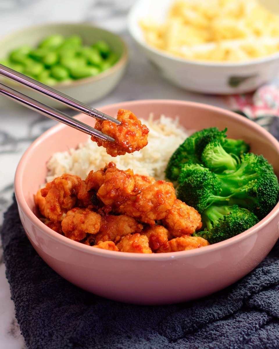 In a pink bowl, there are three main layers: bright orange-red crispy chicken pieces at the bottom, a middle layer of white, fluffy rice, and several large, green broccoli florets on one side. A silver pair of chopsticks hold a piece of the chicken above the bowl. The bowl sits on a dark cloth on a white marbled surface, and there are two white bowls blurred in the background, one filled with green edamame and the other with light yellow food. Photo taken with an iphone --ar 4:5 --v 7