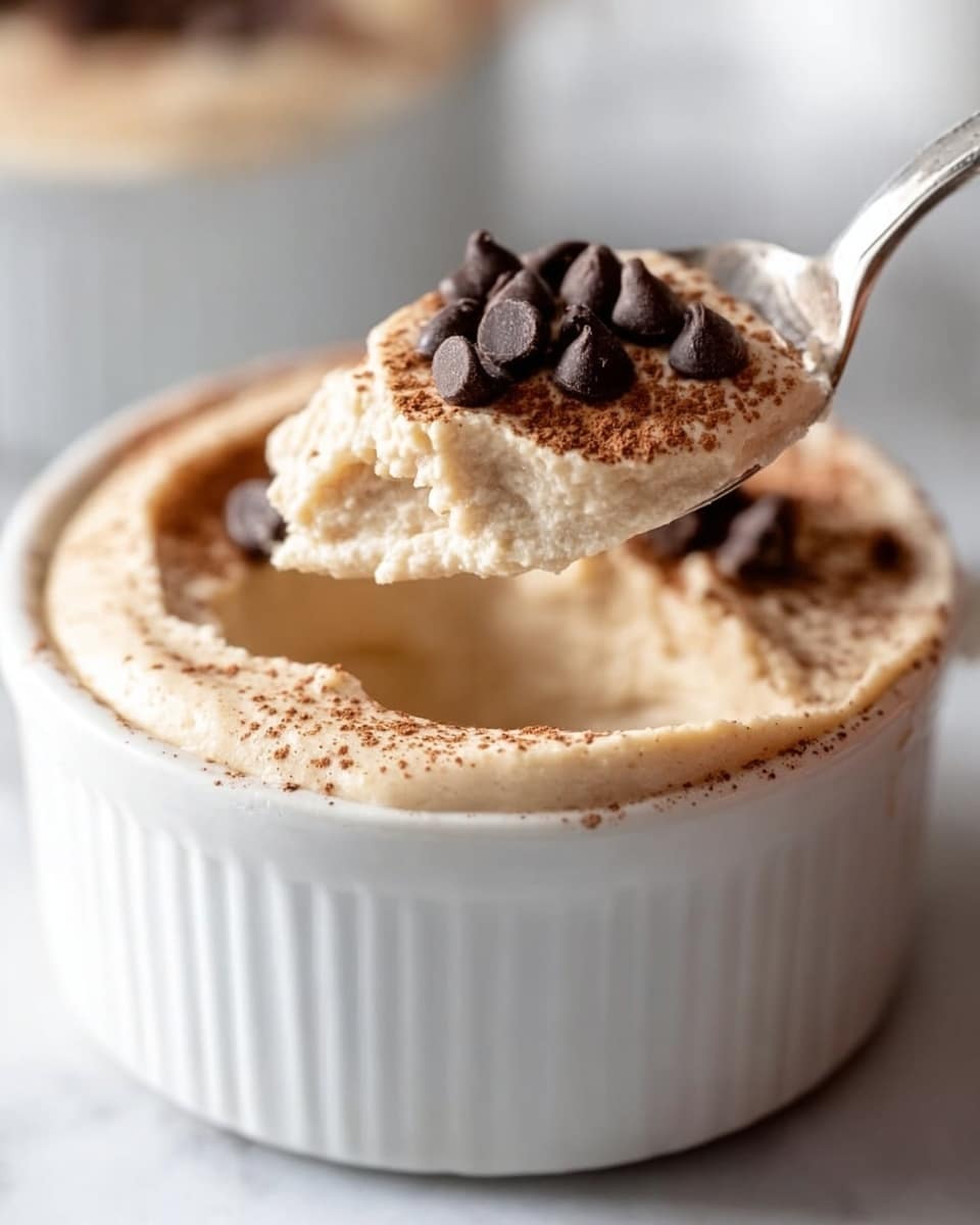 A close-up view of a white ramekin filled with a creamy light beige dessert that has a smooth and soft texture. On top of the dessert, there are small dark brown chocolate chips scattered, adding texture and contrast. A spoon is lifting a scoop from the ramekin, showing off the light and airy inside, with some cocoa powder dusted lightly on the dessert’s surface. The background features a white marbled texture with soft warm lighting. Photo taken with an iphone --ar 4:5 --v 7