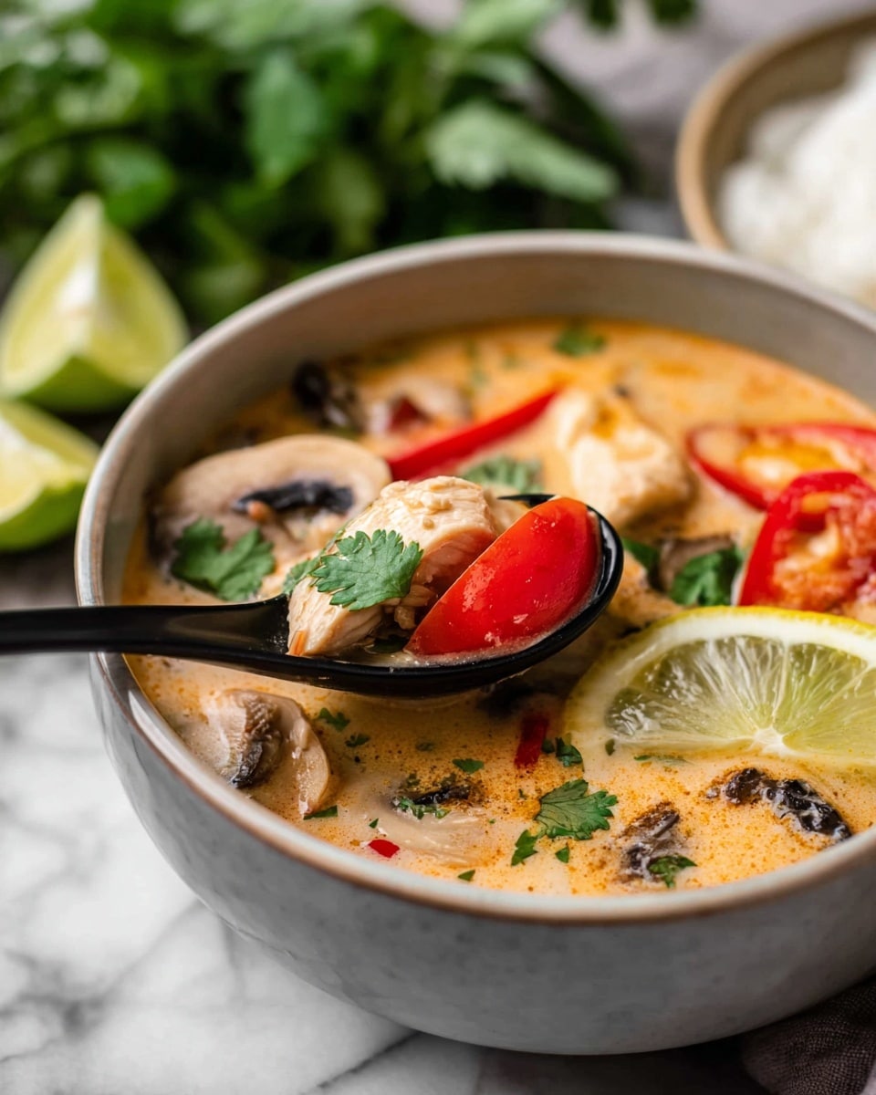 A light tan creamy soup fills a round light grey bowl on a white marbled surface. In the soup, there are layers of sliced red chili peppers, light brown mushroom pieces, white chicken chunks, and a wedge of lemon. Bright green cilantro leaves float on top adding color. A black spoon lifts a mix of tomato wedge, chicken chunk, mushroom slice, red chili, and a piece of cilantro from the bowl. In the background, blurred green herbs and lime slices add freshness. Photo taken with an iphone --ar 4:5 --v 7