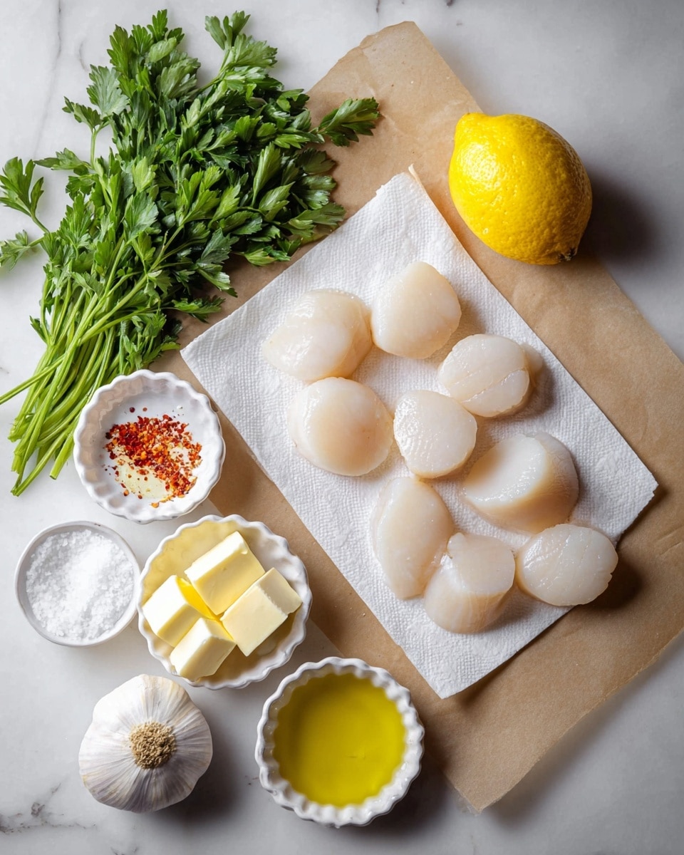 Several raw scallops with smooth white surfaces are arranged on a folded white paper towel placed on a sheet of brown parchment paper, all set on a white marbled surface. To the left of the scallops, there is a bunch of fresh green parsley with leafy texture, next to a bright yellow lemon. Below these, small white bowls with scalloped edges hold several cubes of pale yellow butter, coarse white salt, and red chili flakes. At the bottom, there is a whole bulb of garlic with white skin, and another bowl with a golden yellow liquid, likely olive oil, all arranged neatly in the scene. photo taken with an iphone --ar 4:5 --v 7