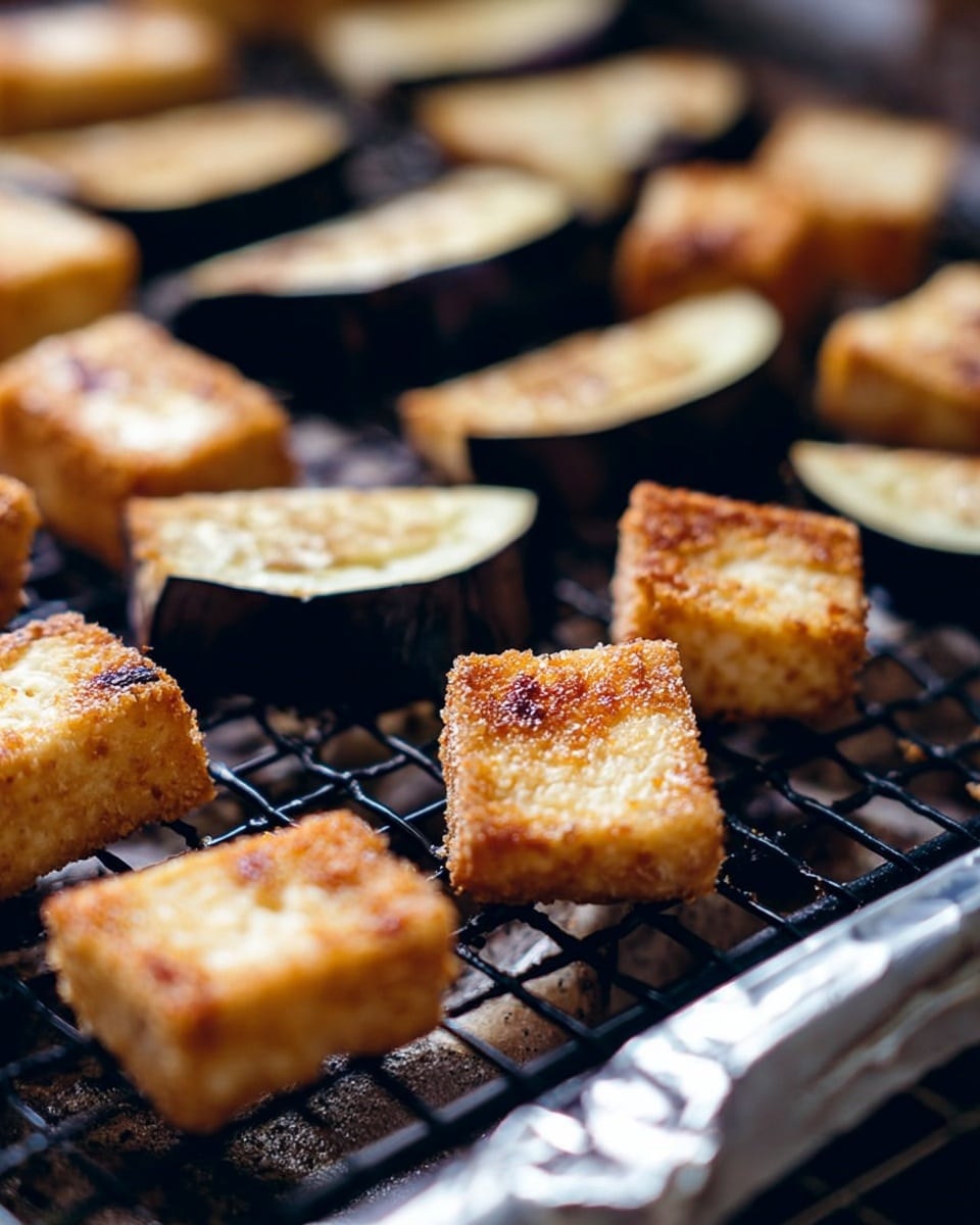 The image shows several small, golden brown fried tofu pieces and thick eggplant slices arranged on a grill rack. The tofu pieces have an even, crispy outer layer with a light texture, golden with some darker brown spots. The eggplant slices show a smooth, dark purple skin with the pale inner part exposed, sitting behind the tofu on the grill. The grill itself has a black grid with some shiny silver metal edges visible at the bottom of the frame. The background is softly blurred, highlighting the cooked tofu and eggplant in the front. photo taken with an iphone --ar 4:5 --v 7