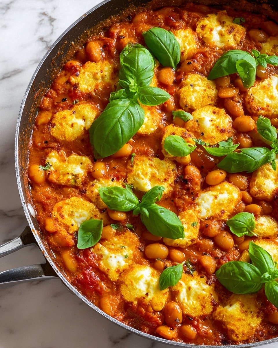 A close-up view of a skillet filled with a warm dish showing two main layers: the bottom layer is orange tomato sauce mixed with whole beans, and the top layer is golden-brown lightly browned cheese pieces scattered evenly across the dish; bright green fresh basil leaves are placed on top as garnish. The skillet rests on a white marbled surface. photo taken with an iphone --ar 4:5 --v 7