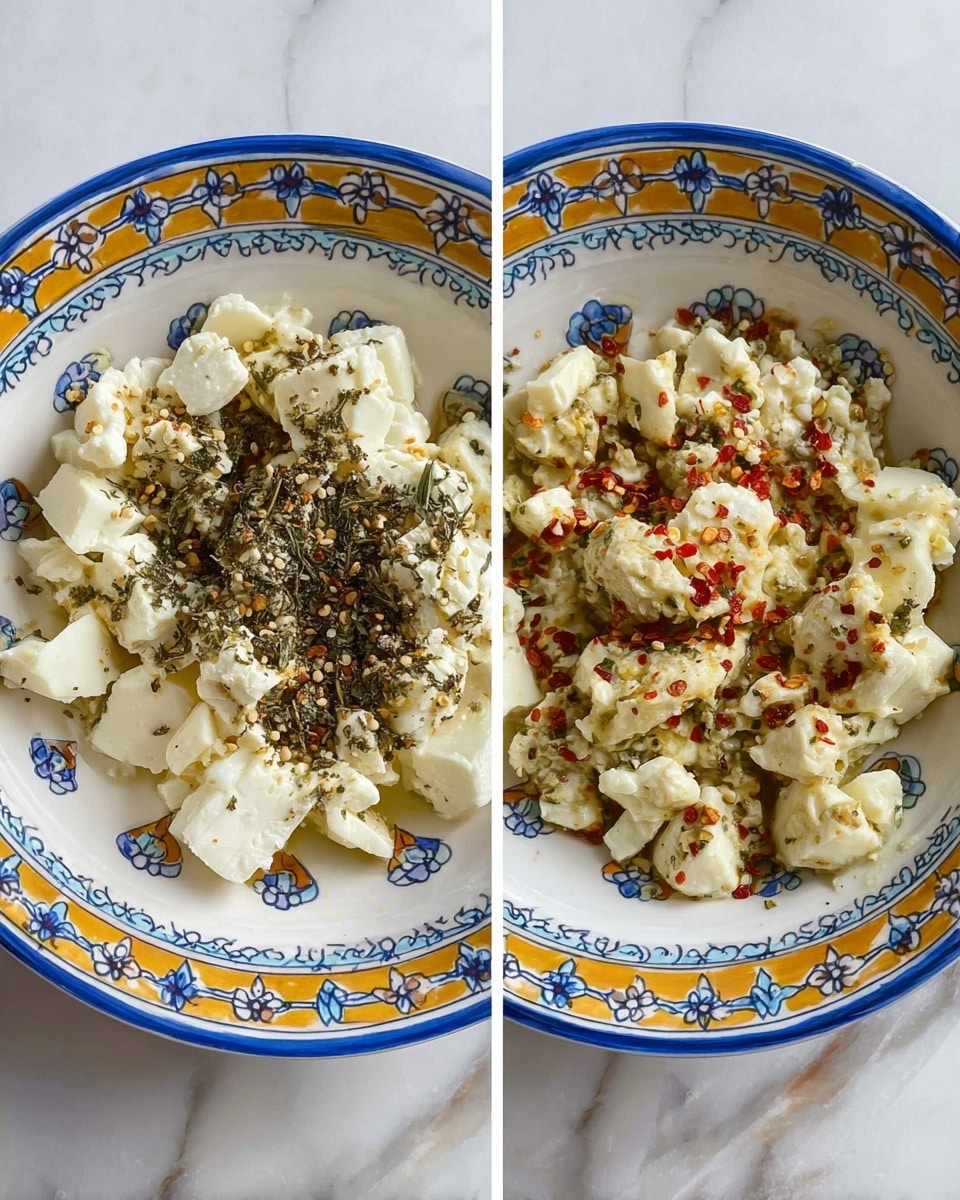 Two side-by-side views of a dish on a white plate with blue, yellow, and orange patterns placed on a white marbled surface. The dish has a base layer of white, soft cheese pieces, roughly cubed and scattered, topped with small piles of dark green dried herbs and red chili flakes. In the right image, the cheese and spices are mixed together with a soft texture and small chunks of herbs visible throughout. Photo taken with an iphone --ar 4:5 --v 7