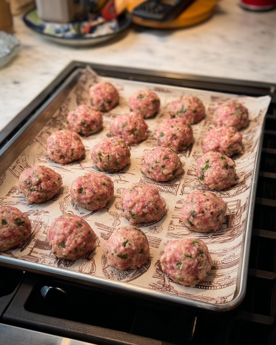 A metal baking tray holds 20 evenly spaced raw meatballs arranged in a 4x5 grid on a sheet of parchment paper printed with brown text and sketches. Each meatball is round, with a textured mix of pink ground meat and flecks of green herbs visible throughout. The tray sits on a gas stove with black grates partially visible, and the background shows kitchen items on a white marbled surface. photo taken with an iphone --ar 4:5 --v 7