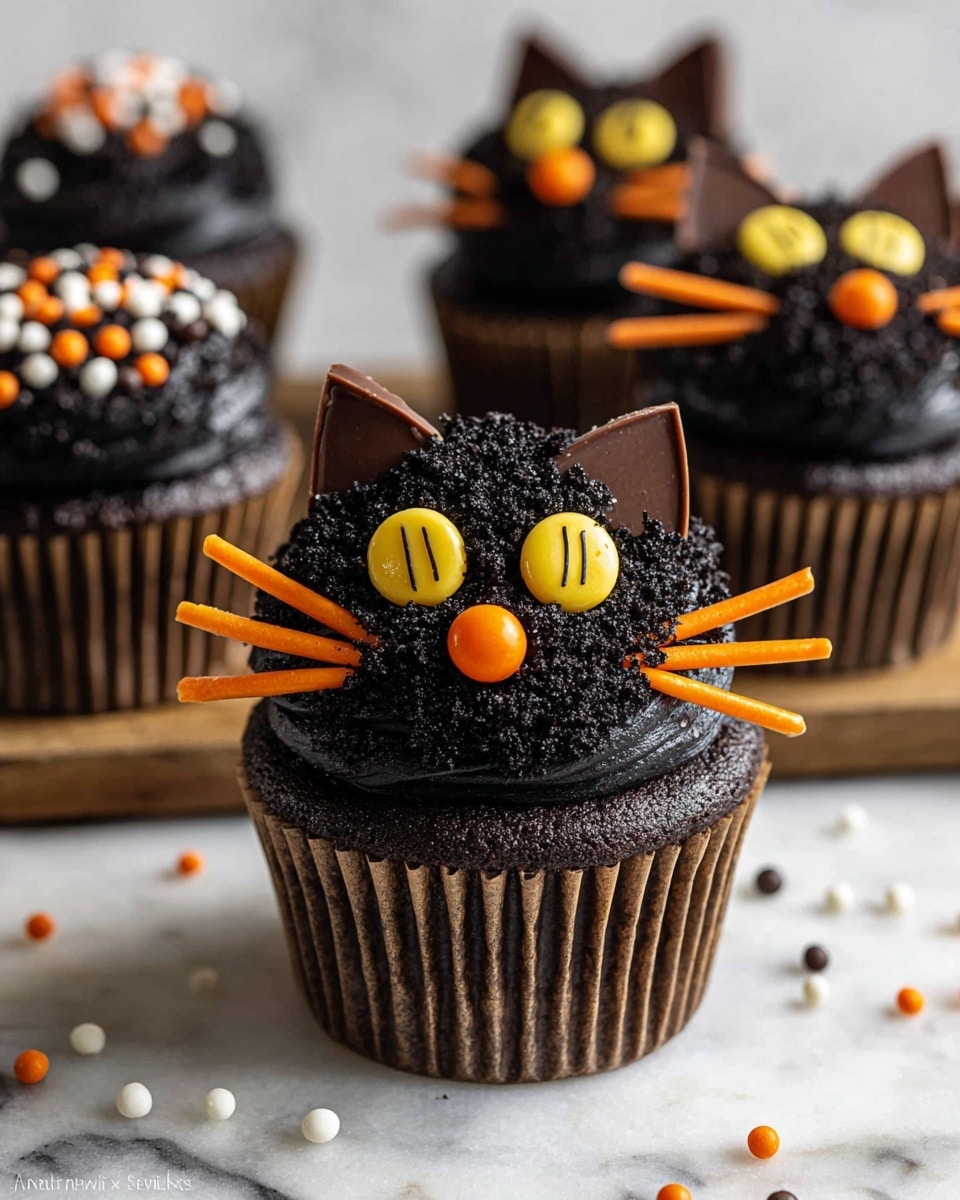 A cupcake with a dark brown base wrapped in a paper liner is topped with two main layers of smooth black frosting sprinkled with black crumbs. Two triangular brown chocolate pieces stand upright at the back for ears. Two bright yellow circular candies with vertical black stripes form the cat's eyes near the top front. Below the eyes, an orange round candy serves as the nose, and six thin orange sticks fan out on both sides creating whiskers. The background shows similar cupcakes decorated with dark frosting and scattered orange, white, and black round sprinkles on a white marbled surface. Photo taken with an iphone --ar 4:5 --v 7