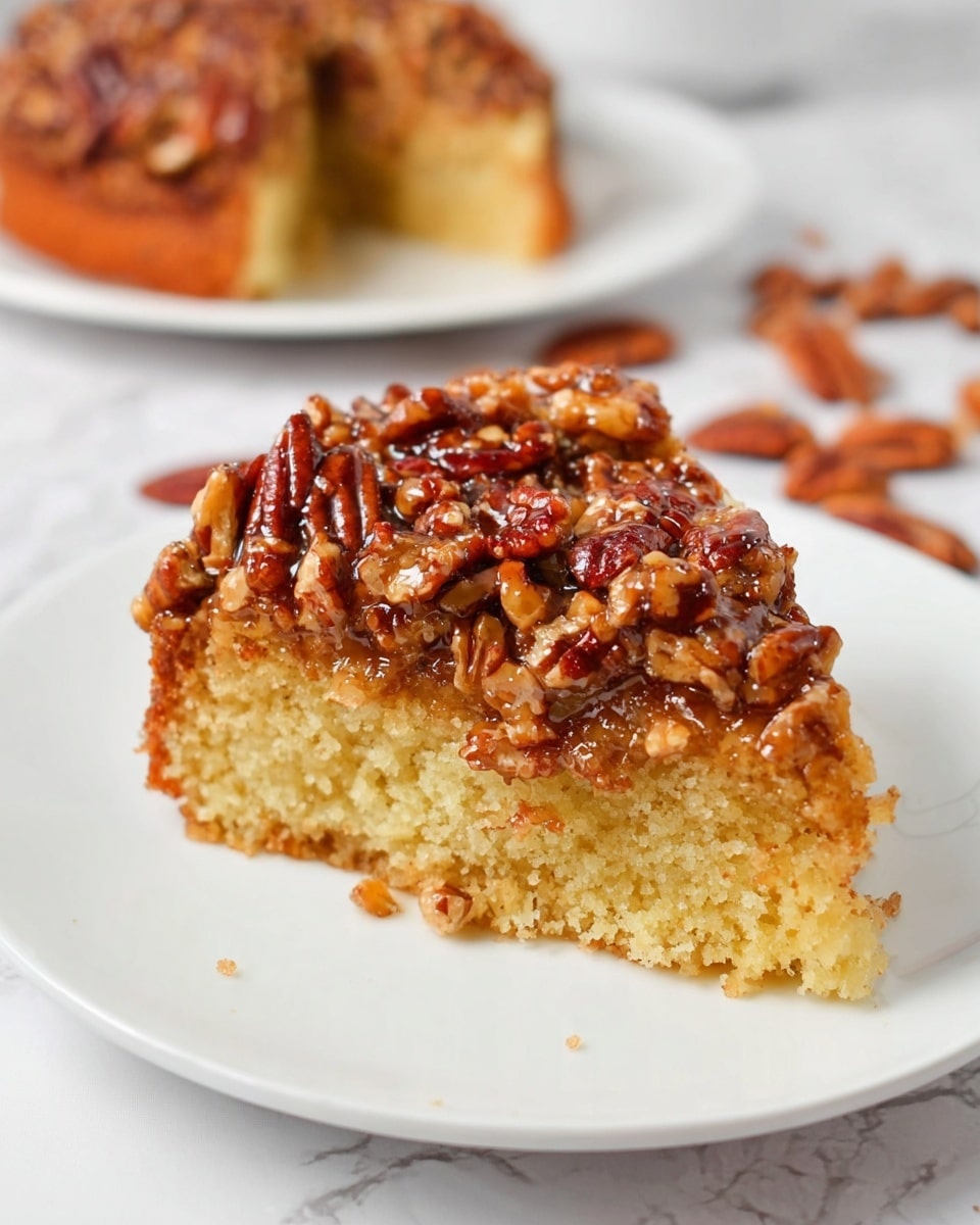 A single slice of pecan-topped cake sits on a white plate, showing two main layers: the base is a soft, golden yellow cake with a moist texture, and the top layer is a dense covering of whole and chopped pecans coated in a shiny, sticky caramel glaze. The pecans are deep reddish-brown and clustered thickly, adding a crunchy texture contrasted with the softer cake. The background surface is a white marbled texture, and scattered pecans can be seen nearby on the surface. Another plate with a blurred piece of the same cake is visible in the background. photo taken with an iphone --ar 4:5 --v 7