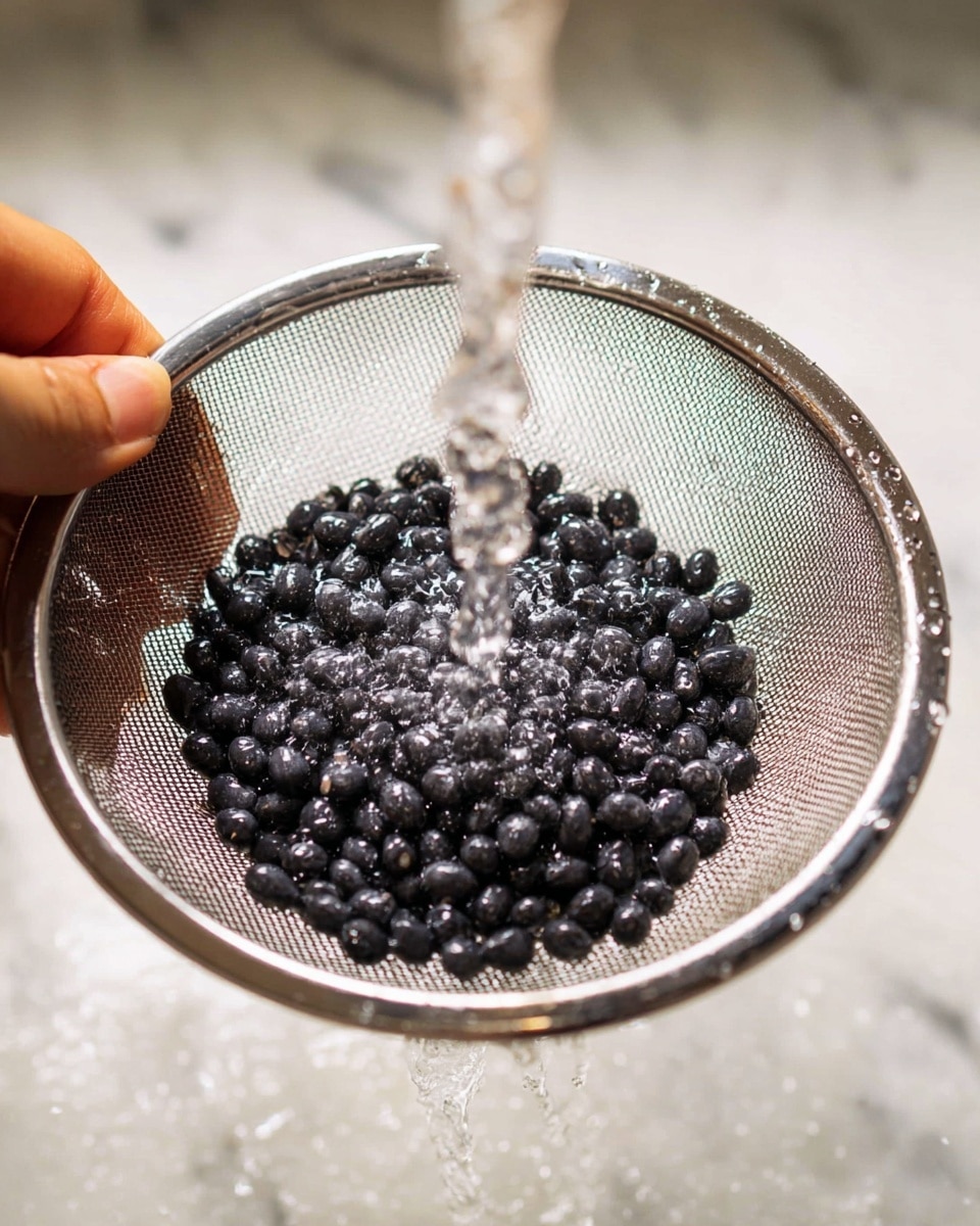 A close-up image showing a fine mesh metal strainer filled with small, shiny, black beans. Water is pouring down from above directly onto the beans, creating bubbles and slight splashes. A blurry woman's hand is holding the strainer on the left side of the frame. The background shows a soft, white marbled texture. Photo taken with an iphone --ar 4:5 --v 7