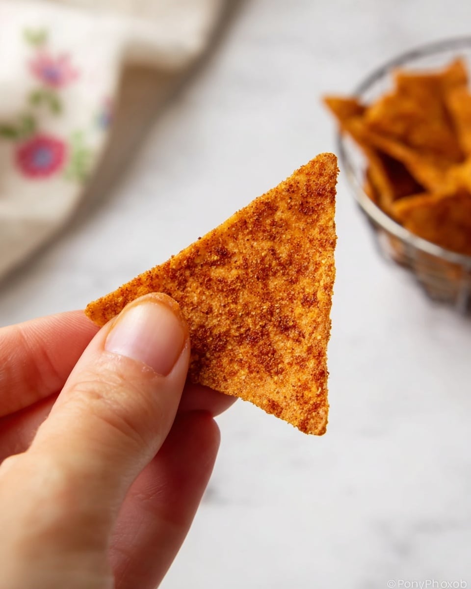 A close-up image showing a single triangular chip held between the thumb and index finger of a person's hand, with the chip's surface covered evenly in a reddish-brown seasoning that gives it a textured, slightly rough look, set against a soft white marbled background with a blurry part of a white cloth with a floral pattern on the top left and a metal basket full of similar chips on the top right, all in natural light, photo taken with an iphone --ar 4:5 --v 7