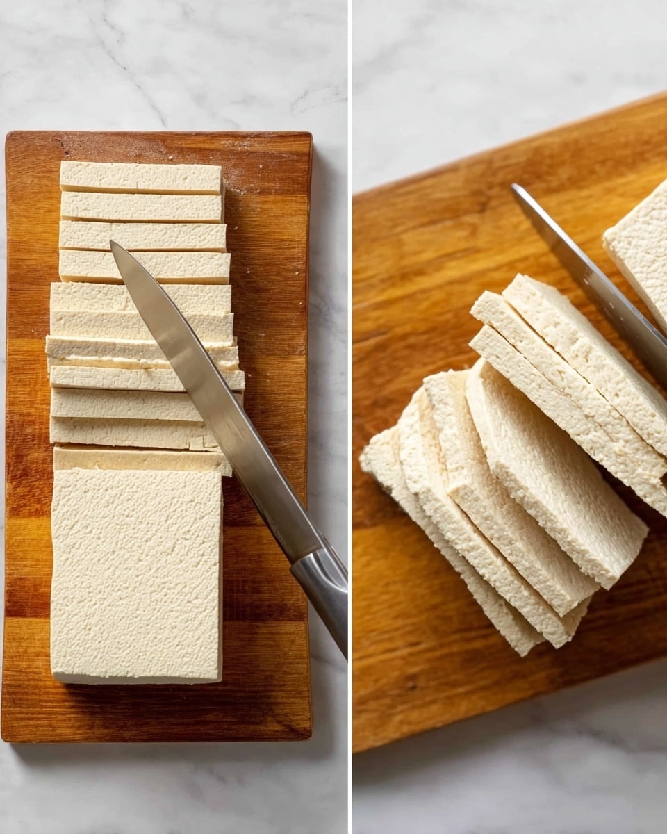 The image shows two views of a wooden cutting board on a white marbled surface. On the left side, there is a block of beige tofu being sliced with a large silver knife, with about 15 thin, even rectangular slices neatly aligned. On the right side, a closer look at a smaller stack of the same tofu slices is shown while the knife is slicing through another piece. The tofu has a smooth, slightly porous texture and uniform light cream color. Photo taken with an iphone --ar 4:5 --v 7