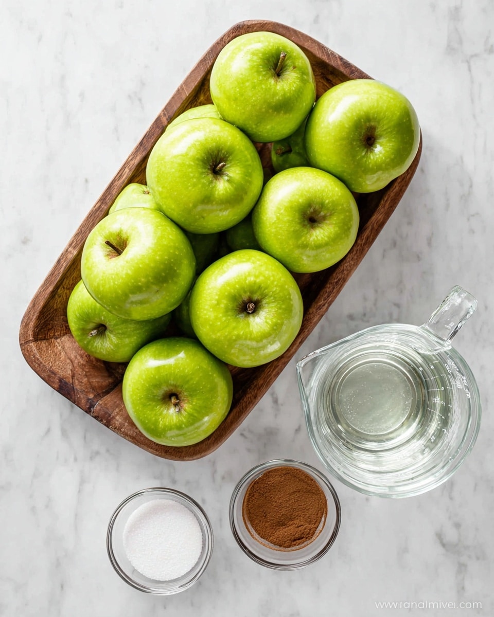 A wooden tray filled with a pile of shiny, bright green apples, each with a visible brown stem. To the right of the tray on a white marbled surface, there is a clear glass measuring cup filled with water, below it a small clear glass bowl containing white granulated sugar, and below that a smaller clear glass bowl with ground cinnamon, creating a simple and clean ingredient layout. Photo taken with an iphone --ar 4:5 --v 7