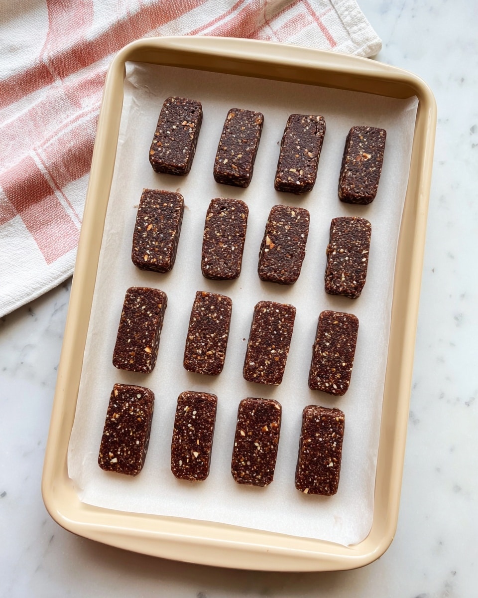 A light beige baking tray lined with white parchment paper holds 15 small rectangular pieces of dark brown dough evenly spaced in three rows of five. Each piece has a slightly rough texture with tiny white and light brown specks visible throughout, suggesting nuts or seeds inside. The tray is placed on a white marbled surface with a pink and white striped cloth in the upper background. The overall scene is bright and clean. photo taken with an iphone --ar 4:5 --v 7