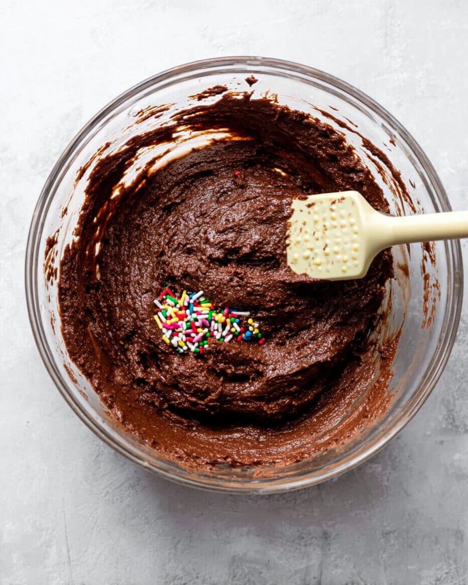 A clear glass bowl filled with thick, dark brown chocolate batter with a smooth and creamy texture, scattered with a few small, colorful round sprinkles inside the batter. A white spatula with a pattern on the handle is partially dipped into the batter on the right side of the bowl. The bowl sits on a white marbled surface. photo taken with an iphone --ar 4:5 --v 7