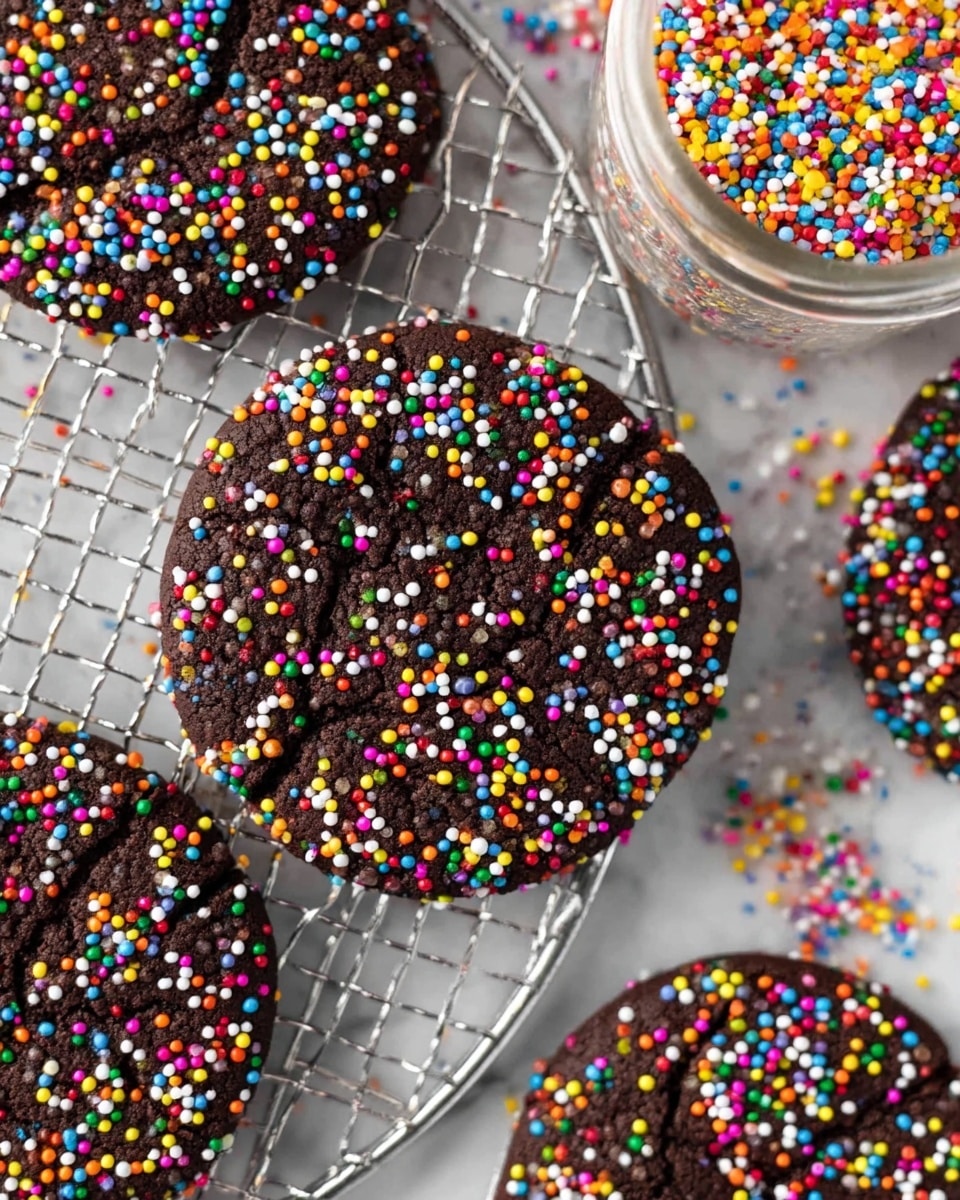 The image shows several dark brown cookies covered in tiny round colorful sprinkles in red, white, yellow, orange, blue, green, and purple. The cookies have a cracked surface texture and are placed on a silver cooling rack over a white marbled surface. One cookie is fully visible in the center, while parts of other cookies fill the surrounding space. In the top right corner, a glass jar filled with more colorful sprinkles is partially visible, and some sprinkles are scattered on the surface around the cookies. Photo taken with an iphone --ar 4:5 --v 7