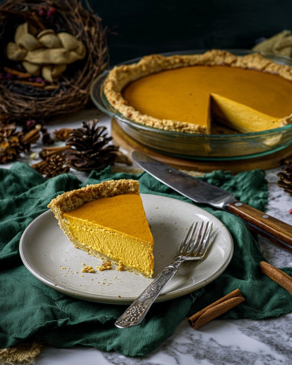 A slice of orange pumpkin pie sits centered on a white plate with a slightly raised edge, showing one thick, smooth orange layer with a rough-textured, golden brown crust around the edge. A vintage silver fork rests beside the slice on the plate. In the background, the whole pie is in a round glass dish with the same thick orange filling and a golden brown crust. Both the plate and pie dish are placed on a crumpled green cloth, with a knife featuring a wooden handle lying nearby. The scene includes scattered rustic elements like pinecones, cinnamon sticks, and a small nest with dried items, all set on a dark surface with a white marbled background. Photo taken with an iphone --ar 4:5 --v 7
