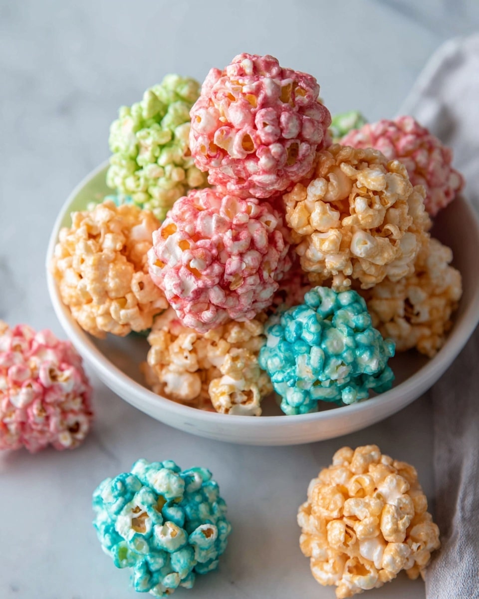 There are four rows of colorful popcorn balls lined up on a white tray. The first row has bright red popcorn balls, showing a bumpy and shiny texture. Next to it is a row of orange popcorn balls, also bumpy but with a warm color. The third row has light green popcorn balls, still bumpy but with a soft pastel shade. The fourth row features light blue popcorn balls with the same bumpy texture and light pastel color. The tray is on a white marbled surface, and the popcorn balls are close together but not touching. photo taken with an iphone --ar 4:5 --v 7