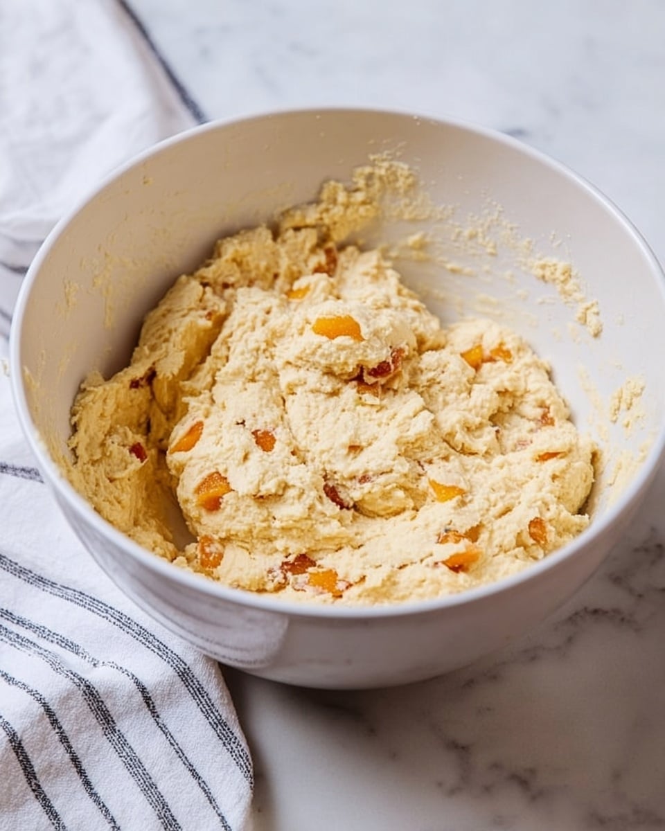 A white bowl sits on a white marbled surface and holds a thick, pale yellow dough mixed with small pieces of orange fruit scattered throughout. The dough has a rough, soft texture and clings to the sides of the bowl, which has some remnants of dough stuck higher up. A white cloth with thin black stripes is partially visible to the left of the bowl. photo taken with an iphone --ar 4:5 --v 7
