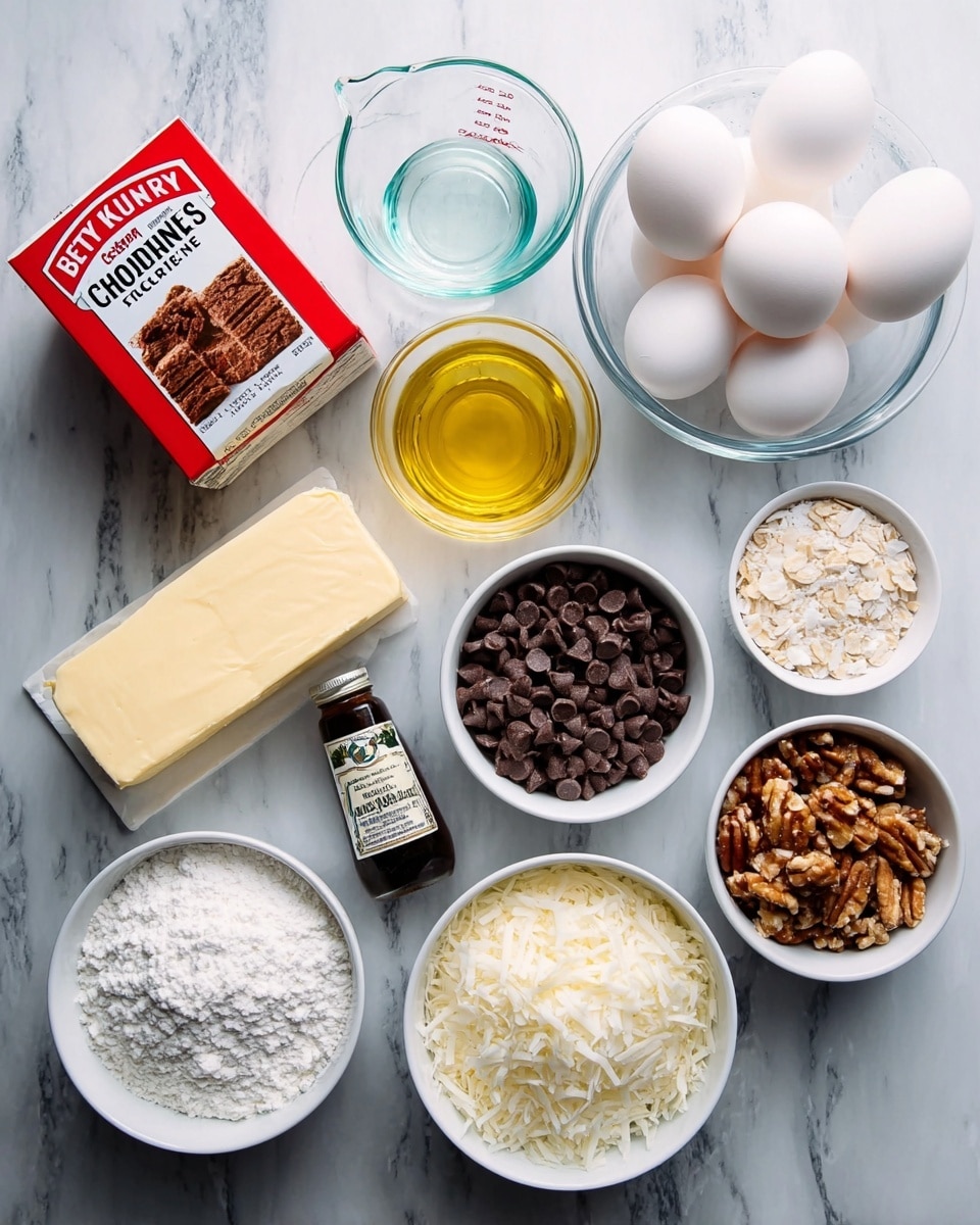 The image shows baking ingredients arranged neatly on a white marbled surface: a red box of Betty Crocker German Chocolate cake mix on the left, a rectangular stick of butter above a block of Philadelphia cream cheese near the center, and a clear glass measuring cup with oil next to another clear glass measuring cup with water. To the right, three white eggs sit in a white bowl, with a white bowl of chocolate chips below them. Below the butter and cream cheese is a small bottle of vanilla extract, a white bowl filled with shredded coconut to its right, another white bowl with chopped nuts below the coconut, and a final white bowl full of powdered sugar next to the nuts. Photo taken with an iphone --ar 4:5 --v 7