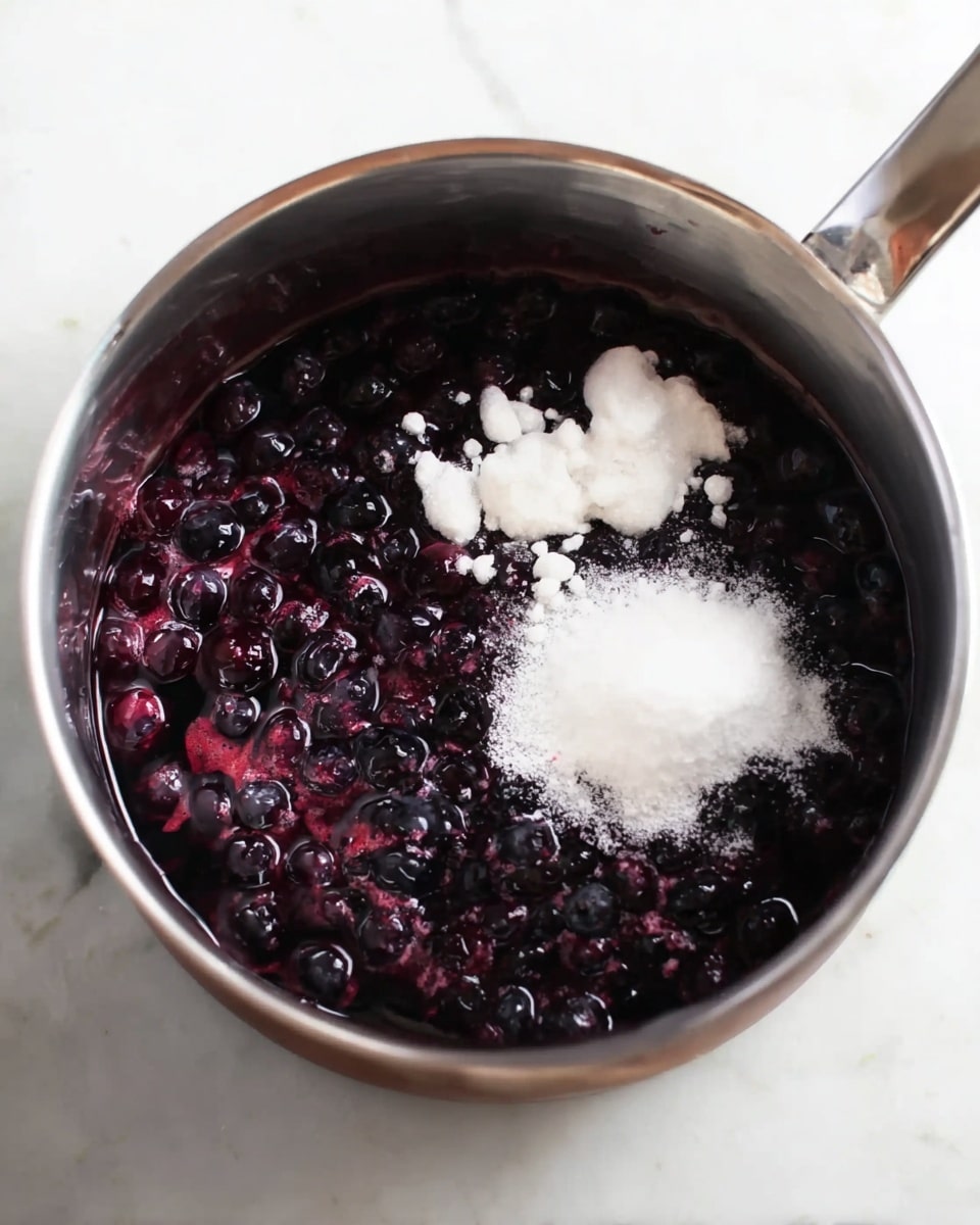 A silver metal pot filled with dark purple blueberries soaked in liquid, with visible clumps of white powder and granulated sugar sitting on top in two separate piles. The blueberries are glossy and closely packed across the bottom of the pot, while the sugar and powder contrast sharply with the deep berry color. The scene is set against a white marbled surface. Photo taken with an iphone --ar 4:5 --v 7