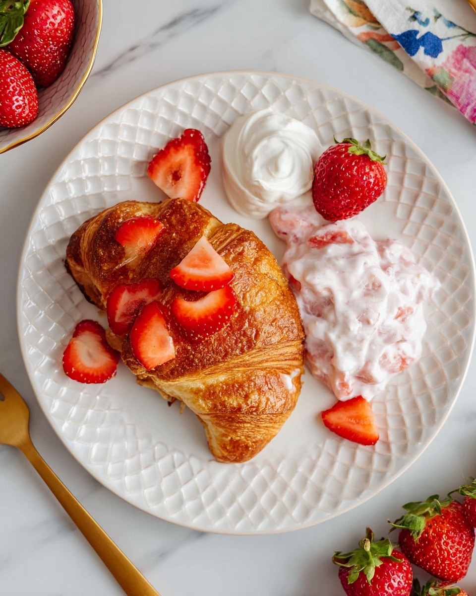 A white plate with a quilted pattern holds one golden-brown croissant in the center topped with bright red sliced strawberries scattered around. To the left of the croissant is a small dollop of white whipped cream, and to the right is a creamy mixture of pink strawberry yogurt with visible strawberry pieces. A whole red strawberry rests near the top-left edge of the croissant, and the plate sits on a white marbled surface with fresh strawberries and a gold fork nearby. photo taken with an iphone --ar 4:5 --v 7