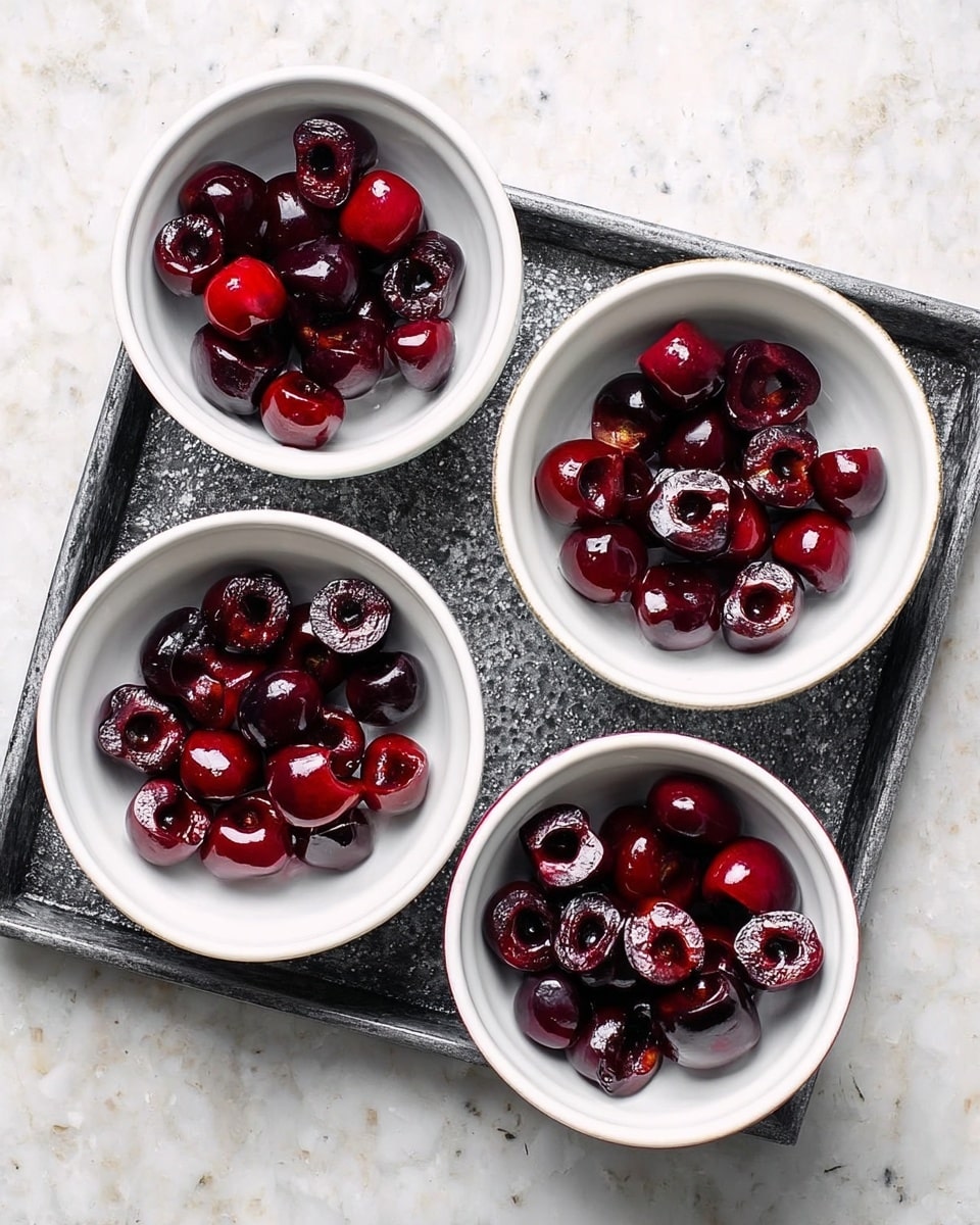 Four white bowls are placed on a dark textured tray on a white marbled surface. Each bowl has one layer of halved dark red cherries with the pit side facing up, showing a shiny and moist texture. The cherries are grouped closely but spread evenly within each bowl, highlighting their deep red color and fresh appearance. Photo taken with an iphone --ar 4:5 --v 7