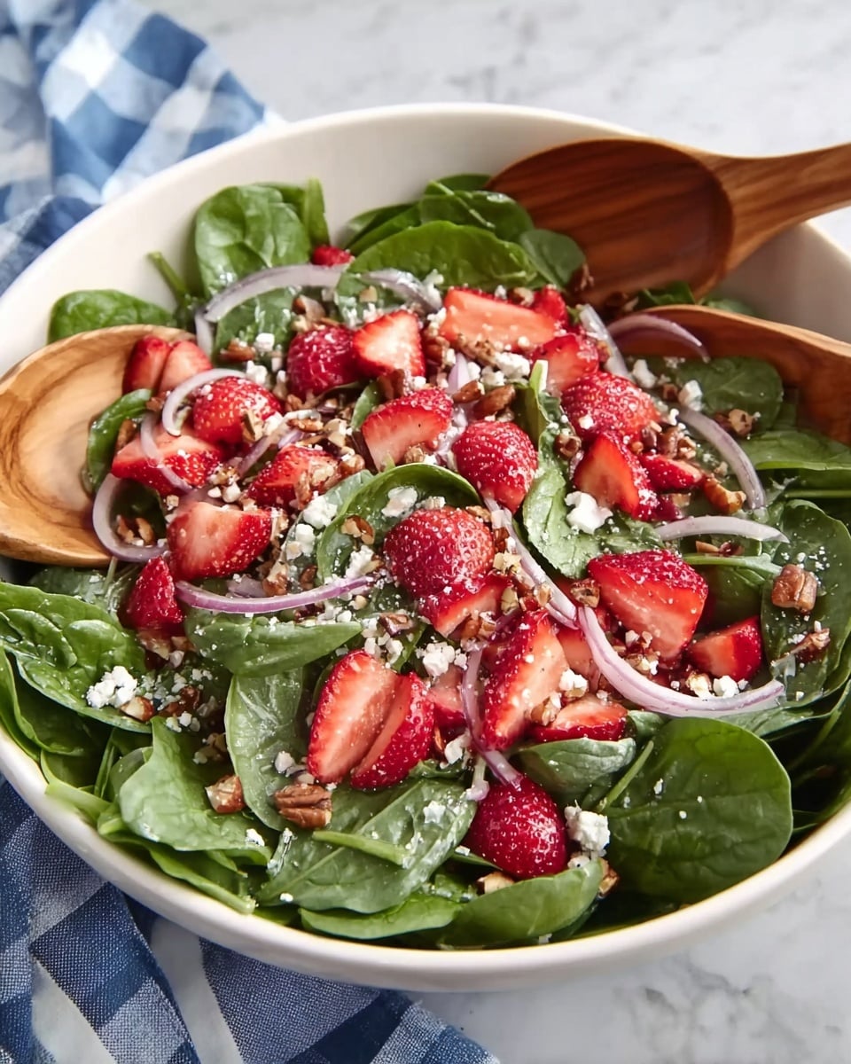 A large white bowl filled with a fresh salad is shown. The bottom layer is dark green spinach leaves, covering the whole bowl. On top, there are bright red, sliced strawberries spread evenly, mixed with thin rings of light purple onion. Small pieces of chopped light brown nuts are scattered all over, along with white crumbly cheese sprinkled lightly. Two wooden salad spoons rest inside the bowl on both sides. The bowl sits on a white marbled surface with part of a blue and white checkered cloth visible to the side. photo taken with an iphone --ar 4:5 --v 7