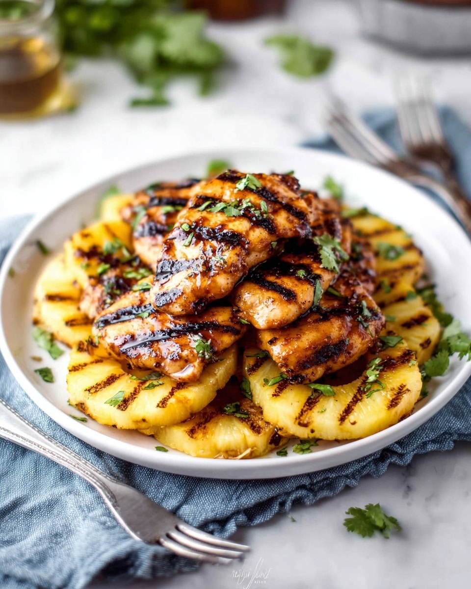 A white plate sits on a white marbled surface, layered with grilled pineapple slices at the bottom, each slice showing golden brown grill marks and a juicy texture. On top, several grilled chicken pieces stack up, browned with dark grill lines and a shiny glaze coating. Small green herb pieces are sprinkled over the chicken and pineapple for color contrast. Some fresh green cilantro leaves are scattered around the edges of the plate for decoration. A soft blue cloth is placed underneath the plate with a fork in the foreground on the marbled surface, and blurred kitchen items are in the background. Photo taken with an iphone --ar 4:5 --v 7