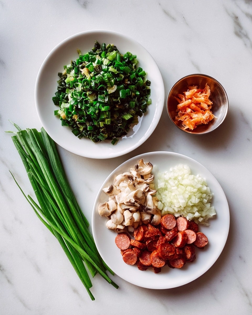 Two white plates are placed on a white marbled surface. The top plate has two bowls; the larger white bowl holds finely chopped dark and light green spring onions, while the smaller metal bowl contains small orange dried shrimp. Next to the bowls, on the same plate, are long green spring onion stalks lying sideways. The bottom white plate is divided into three piles: light beige chopped mushrooms on the upper left, reddish-brown sliced sausage on the upper right, and finely chopped white onion at the bottom. Photo taken with an iphone --ar 4:5 --v 7