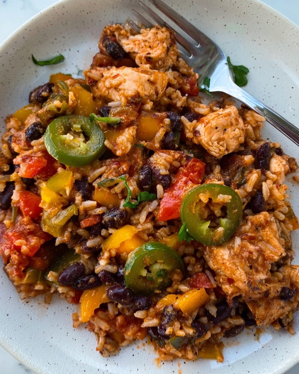 A close-up of a serving of rice mixed with black beans, chopped yellow and red bell peppers, and pieces of chicken, all coated in a reddish-brown sauce with visible slices of green jalapeño peppers and bits of onion throughout. The dish is arranged on a white plate with a slight speckled pattern, sitting on a white marbled surface. A silver fork rests on the right side of the plate, and a woman's hand is partially visible at the edge of the image. photo taken with an iphone --ar 4:5 --v 7