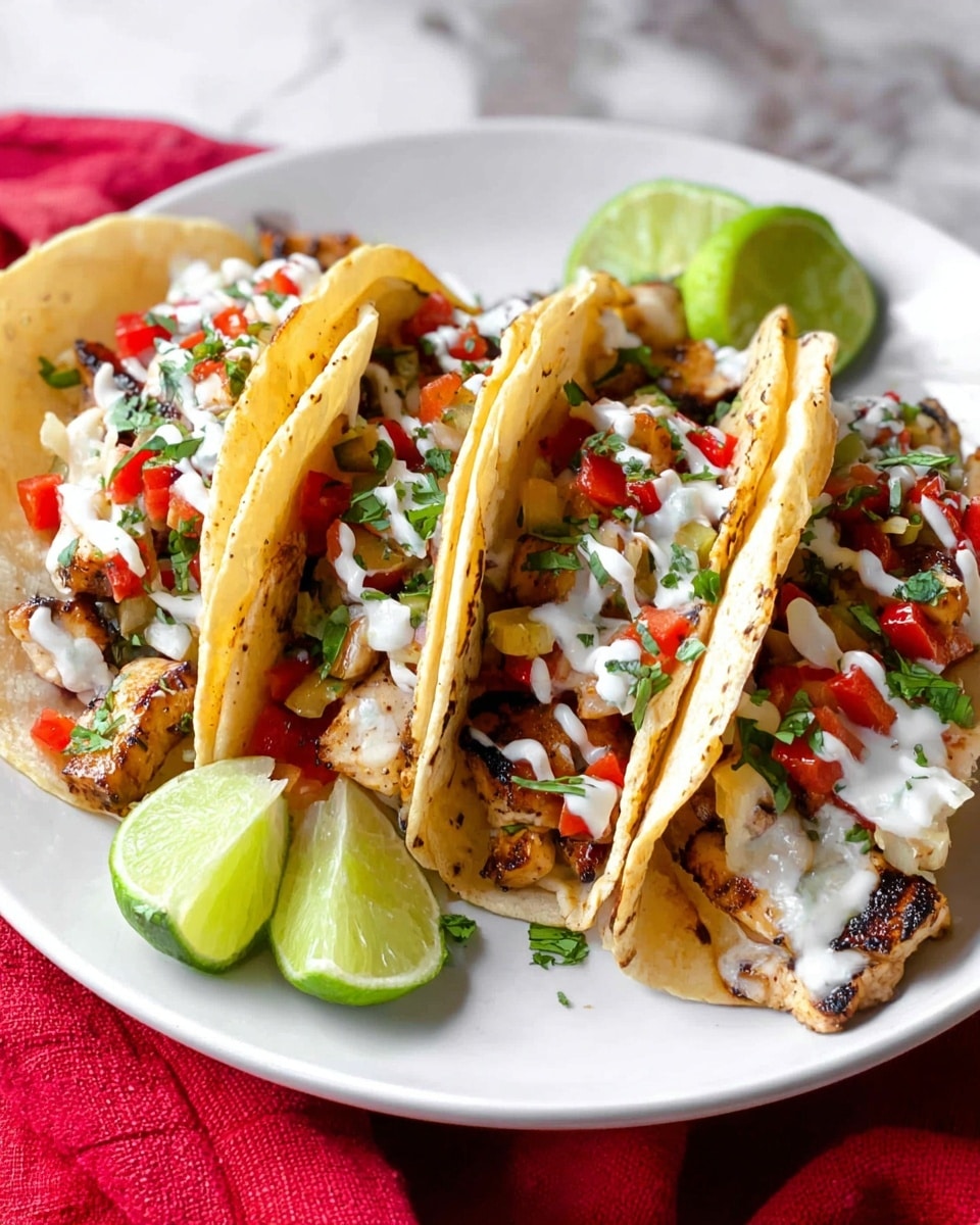 Three soft tacos stand side by side on a white plate placed on a white marbled surface with a red cloth under the plate. Each taco shows a folded light golden tortilla filled with grilled pieces of chicken that have slight char marks. Inside, there are small diced red bell peppers, chopped green herbs, and a drizzle of white creamy sauce on top. On the plate next to the tacos are two halved limes, fresh and green. The overall look is fresh and colorful with a mix of light brown, red, green, and white tones. Photo taken with an iphone --ar 4:5 --v 7