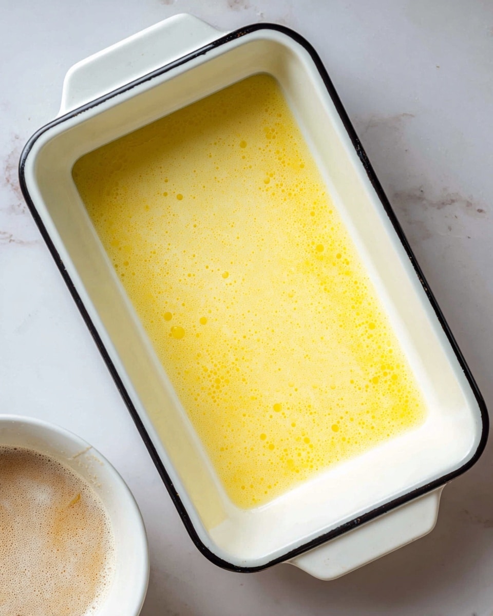 The image shows a white rectangular baking dish with black edges filled with melted yellow butter. The butter has a smooth and shiny texture with small bubbles and light spots on the surface. The baking dish is placed on a white marbled surface. Part of a white bowl containing a light brown frothy liquid is also visible at the bottom left corner of the image. photo taken with an iphone --ar 4:5 --v 7