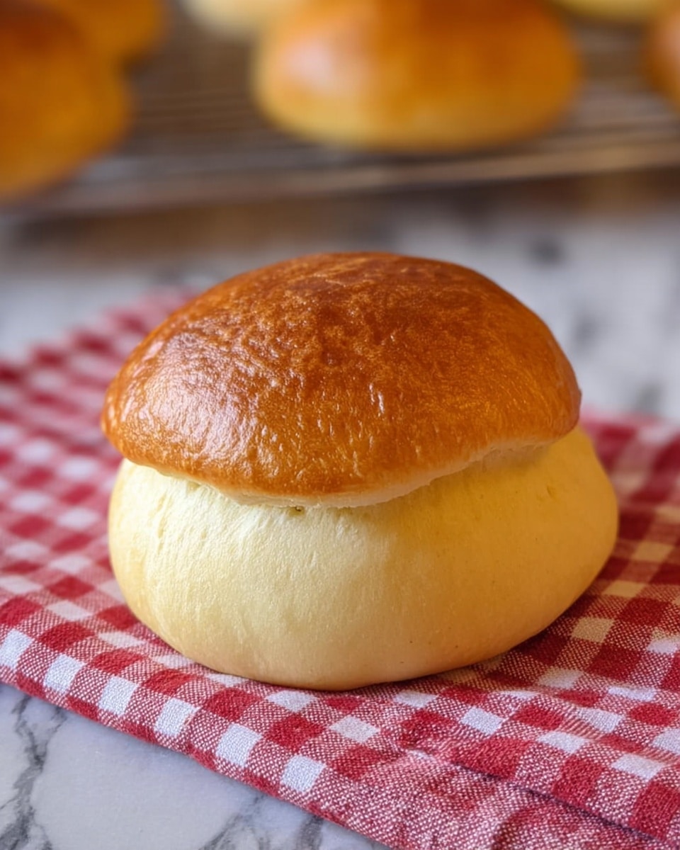 The image shows one large, round bread with a smooth, pale yellow surface at the bottom, topped with a smaller, golden-brown round bread that has a shiny and slightly textured surface. Both pieces have soft, smooth edges and look freshly baked. The bread sits on a red and white checkered cloth with part of a metal cooling rack and other pieces of bread blurred in the background, all on a white marbled surface. photo taken with an iphone --ar 4:5 --v 7