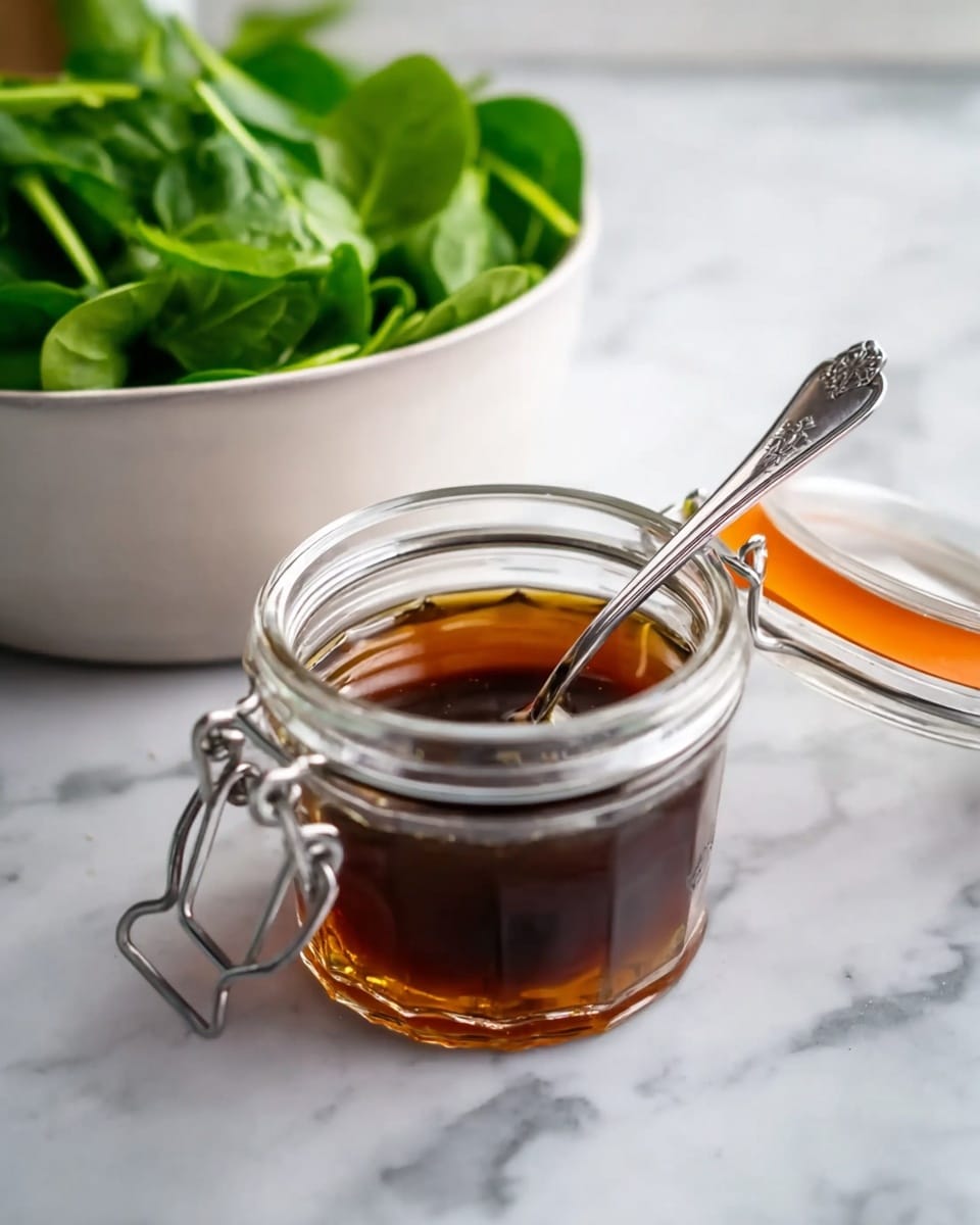 A clear glass jar with a metal clasp and an orange rubber seal sits open on a white marbled surface, filled about halfway with a dark brown, shiny liquid. Inside the jar, a silver spoon leans against the side, partially submerged in the liquid. Behind the jar, there is a white bowl filled with fresh green leafy spinach, showing a bright and vibrant texture. The background and surface are soft white marble, adding a clean and fresh feel to the scene. photo taken with an iphone --ar 4:5 --v 7