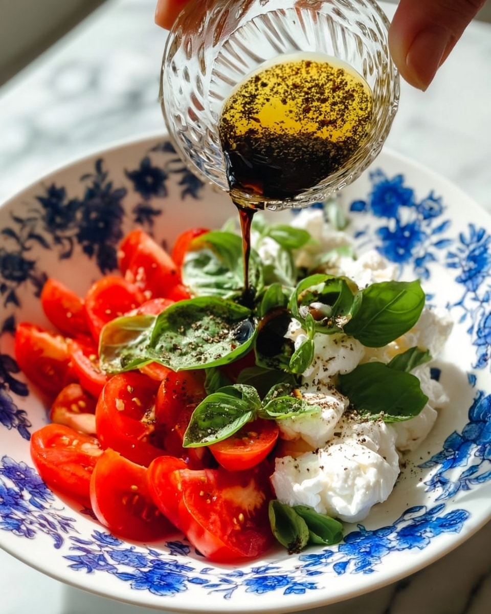 In a white bowl with blue floral patterns, there are three main layers: roughly chopped bright red tomatoes at the bottom, topped with fresh green basil leaves sliced thinly, and dollops of creamy white cottage cheese around the edges. A woman's hand is pouring a mixture of dark balsamic vinegar and light golden olive oil with visible black pepper specks over the ingredients from a small clear glass bowl. The scene is set on a white marbled surface. Photo taken with an iphone --ar 4:5 --v 7