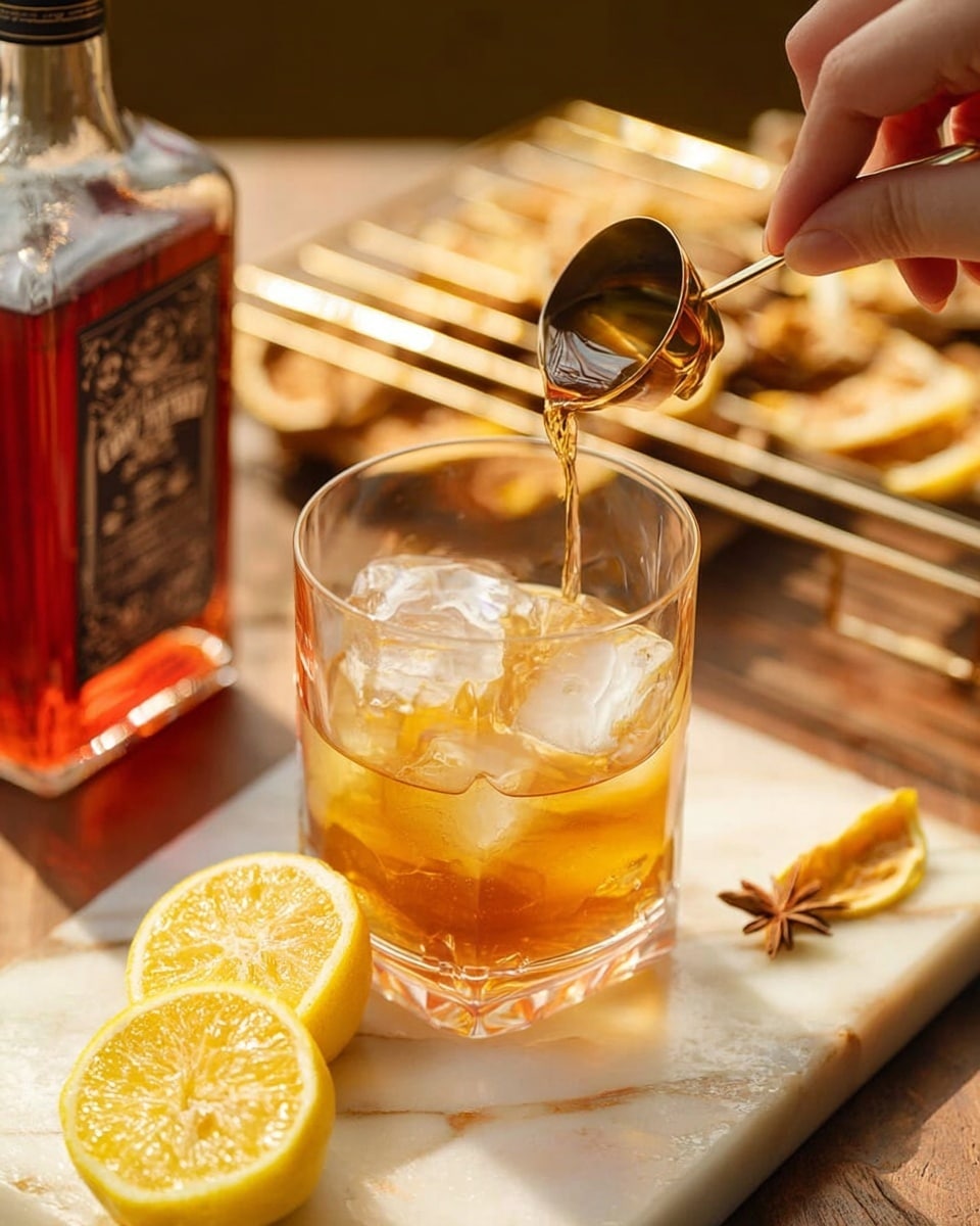 A clear glass with ice cubes filled halfway with a golden-brown liquid, with a woman's hand pouring more amber liquid from a small metal jigger into the glass. The glass is placed on a wooden surface with a white marbled texture. In the foreground, there are two lemon halves showing their yellow, juicy inside. Next to the glass, a rectangular bottle with red liquid and a detailed label lies flat. In the background, there is a metal rack holding sliced light brown dried pieces. The overall scene is warm-toned and inviting, photo taken with an iphone --ar 4:5 --v 7