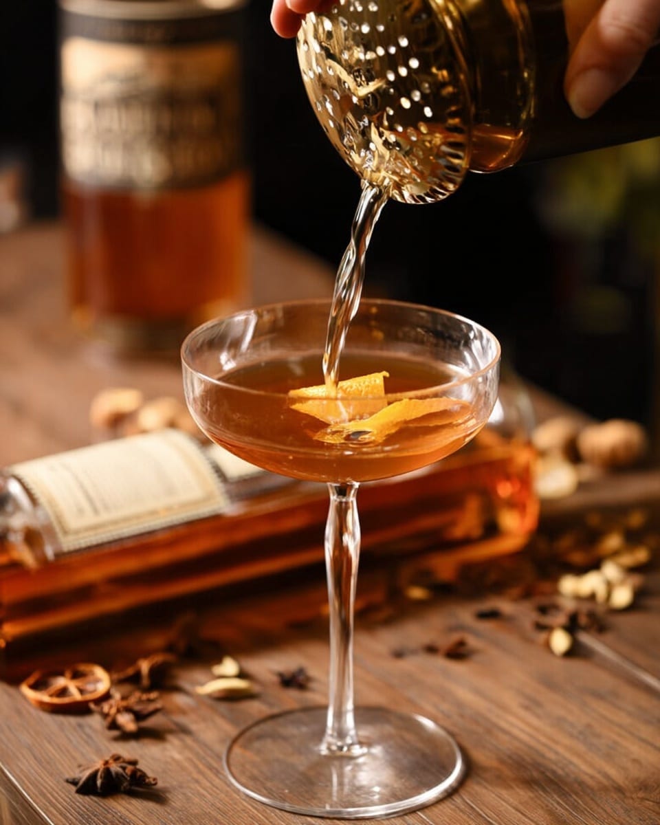 A clear cocktail glass with a long stem is shown being filled with a golden-brown liquid from a shaker held by a woman's hand at the top right. Inside the glass, an orange peel floats gently on the surface of the drink. The background shows a wooden table with a large bottle of amber-colored spirit lying horizontally to the left, and scattered dried fruit or spices behind it. The glass, liquid, and shaker shine with reflections, creating a warm and inviting scene. photo taken with an iphone --ar 4:5 --v 7